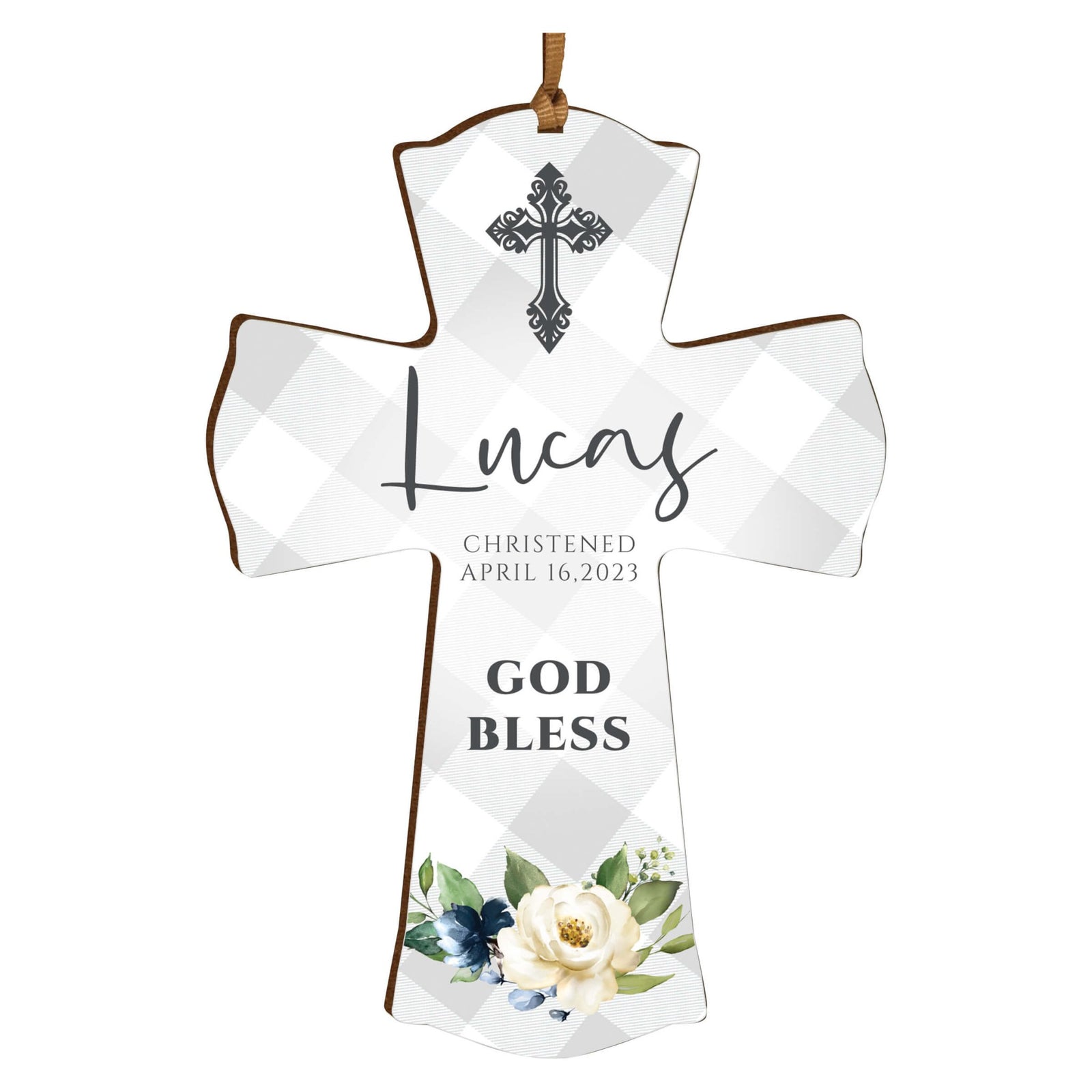 Personalized Christening Wooden Hanging Mini Cross - God Bless - LifeSong Milestones