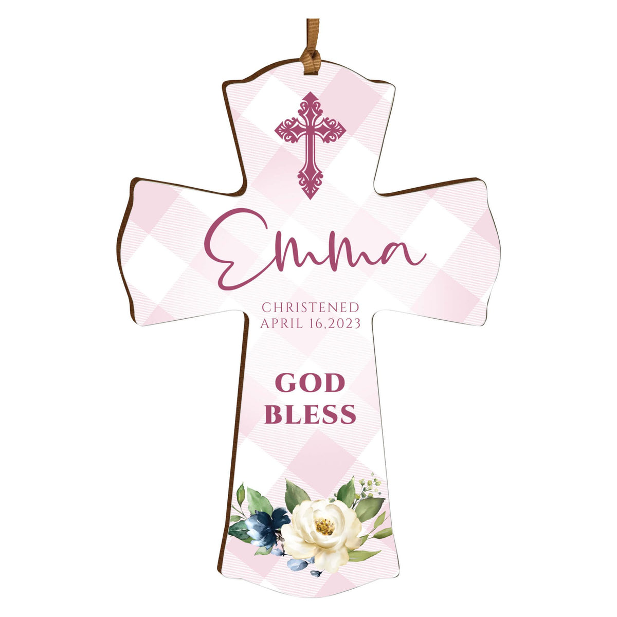 Personalized Christening Wooden Hanging Mini Cross - God Bless - LifeSong Milestones