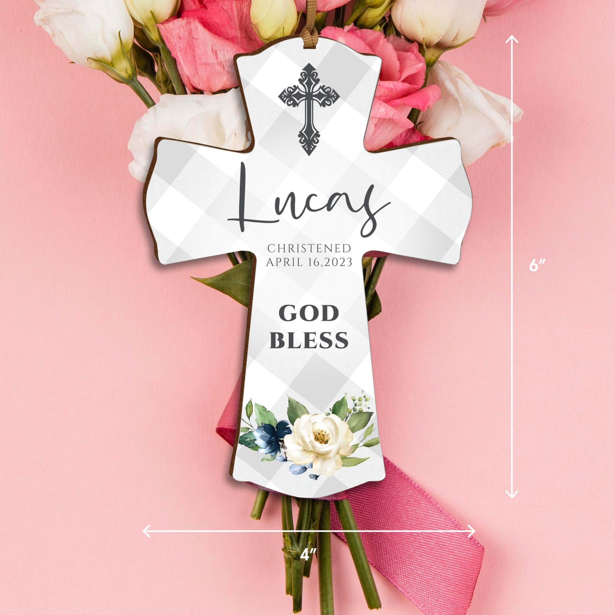 Personalized Christening Wooden Hanging Mini Cross - God Bless - LifeSong Milestones