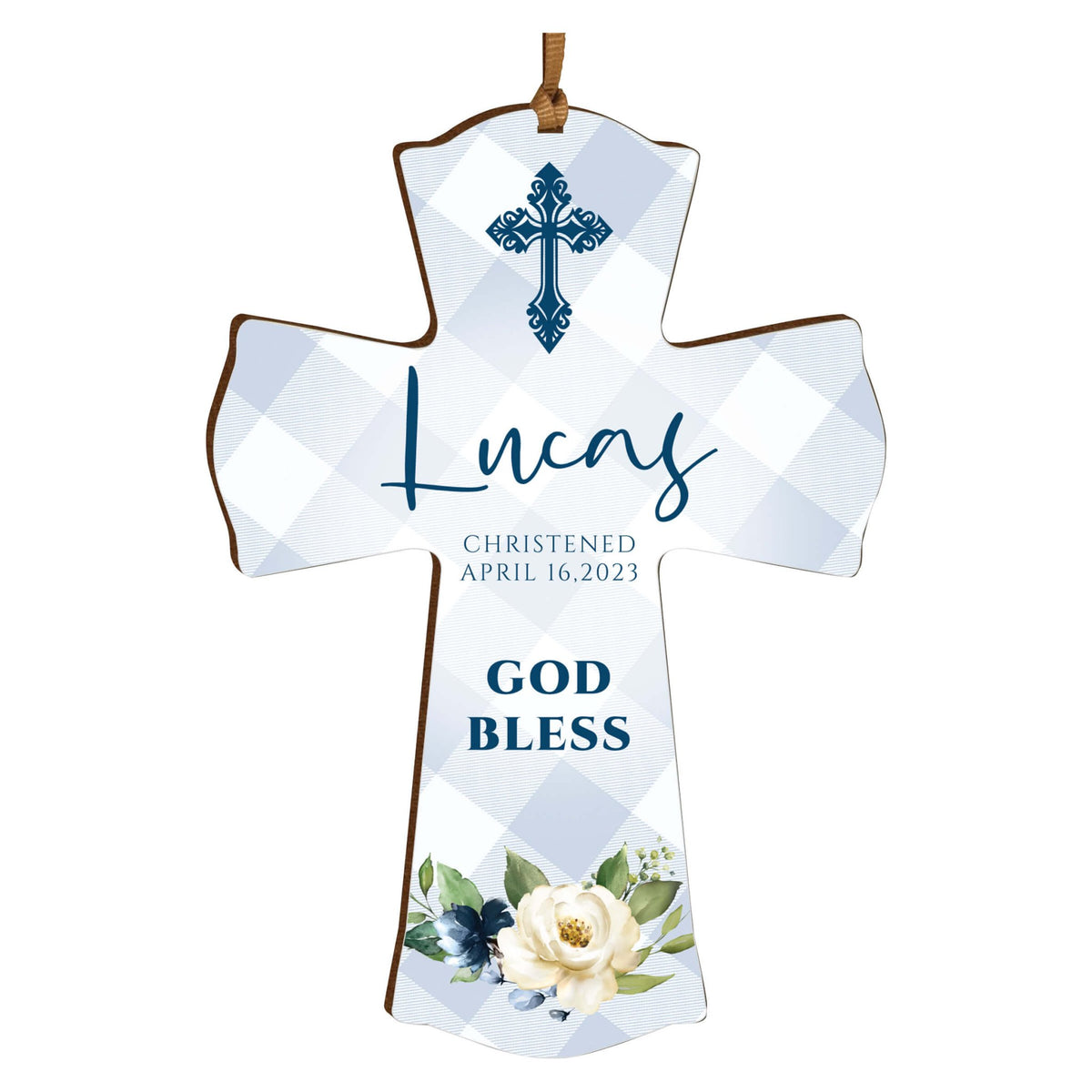 Personalized Christening Wooden Hanging Mini Cross - God Bless - LifeSong Milestones