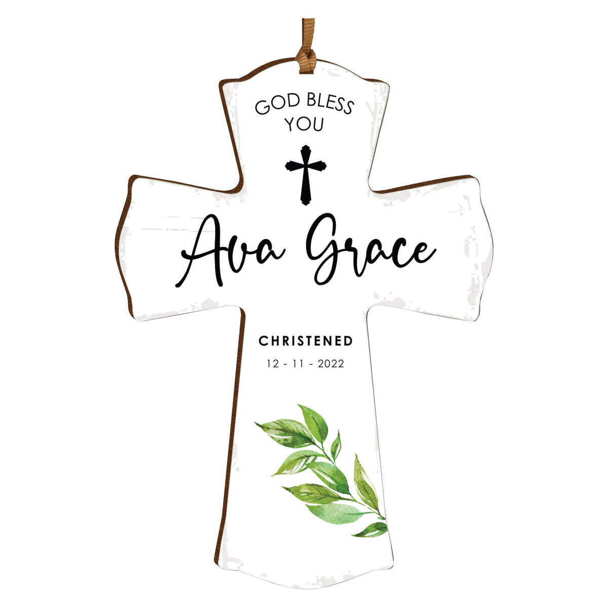 Personalized Christening Wooden Hanging Mini Cross - God Bless You - LifeSong Milestones