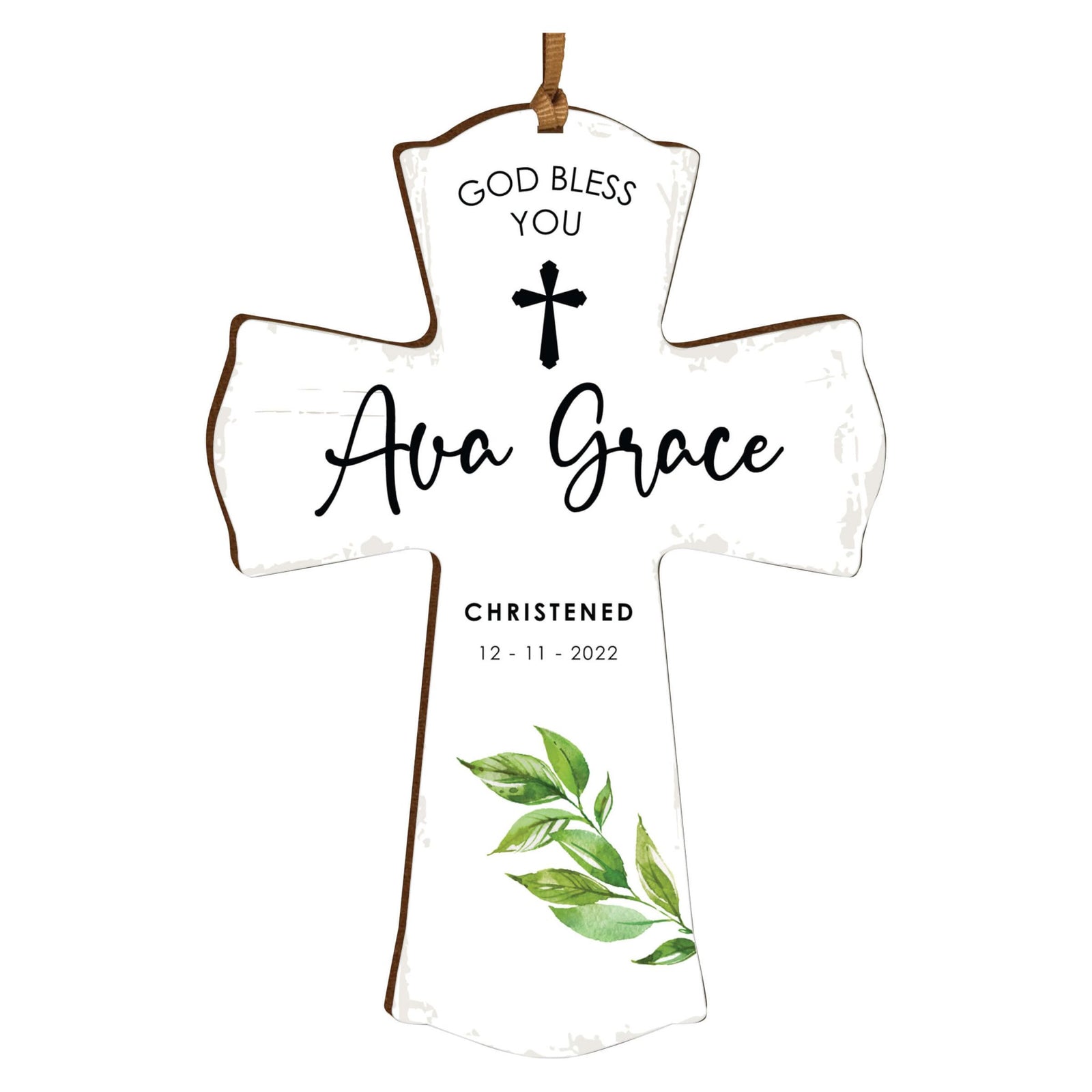 Personalized Christening Wooden Hanging Mini Cross - God Bless You - LifeSong Milestones