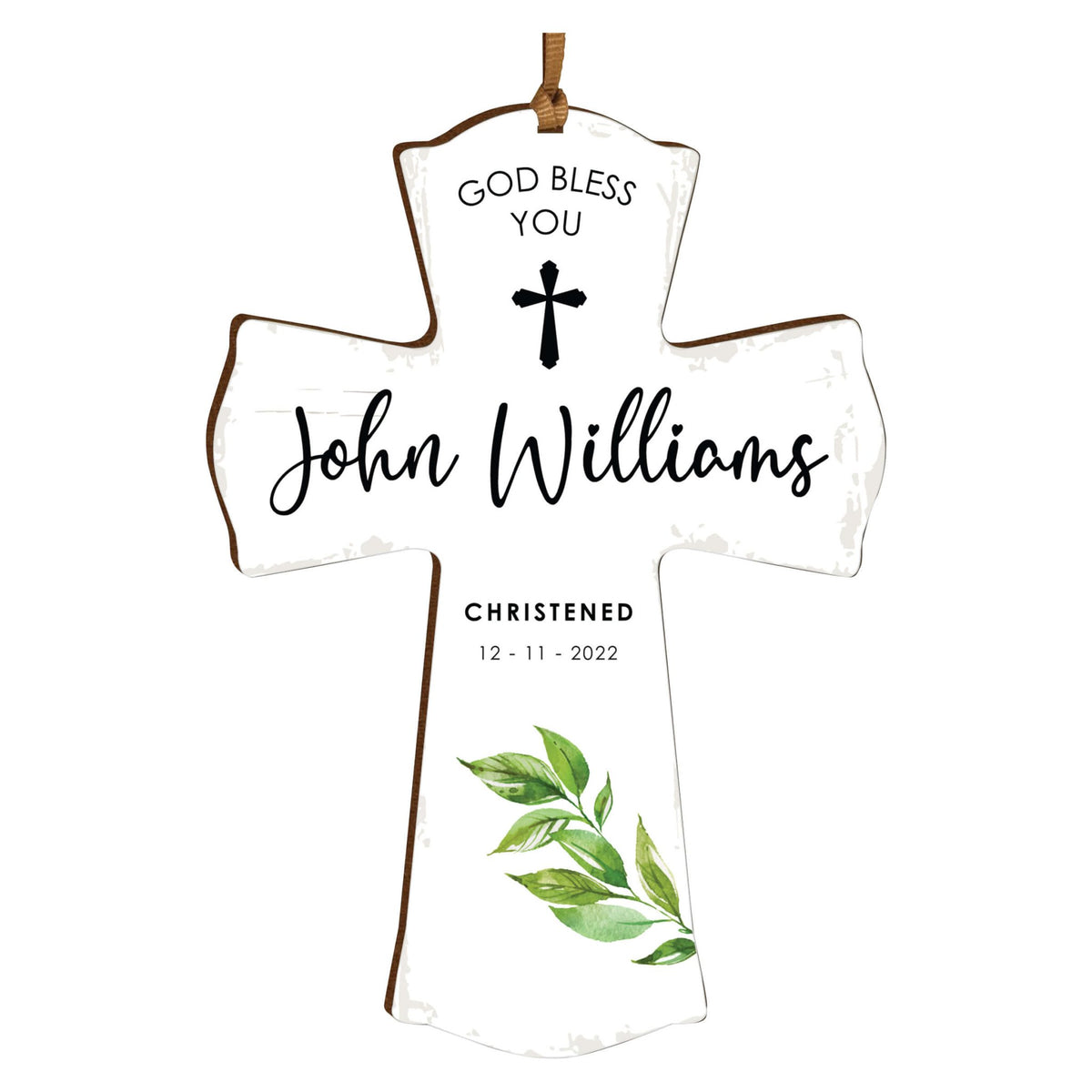 Personalized Christening Wooden Hanging Mini Cross - God Bless You - LifeSong Milestones