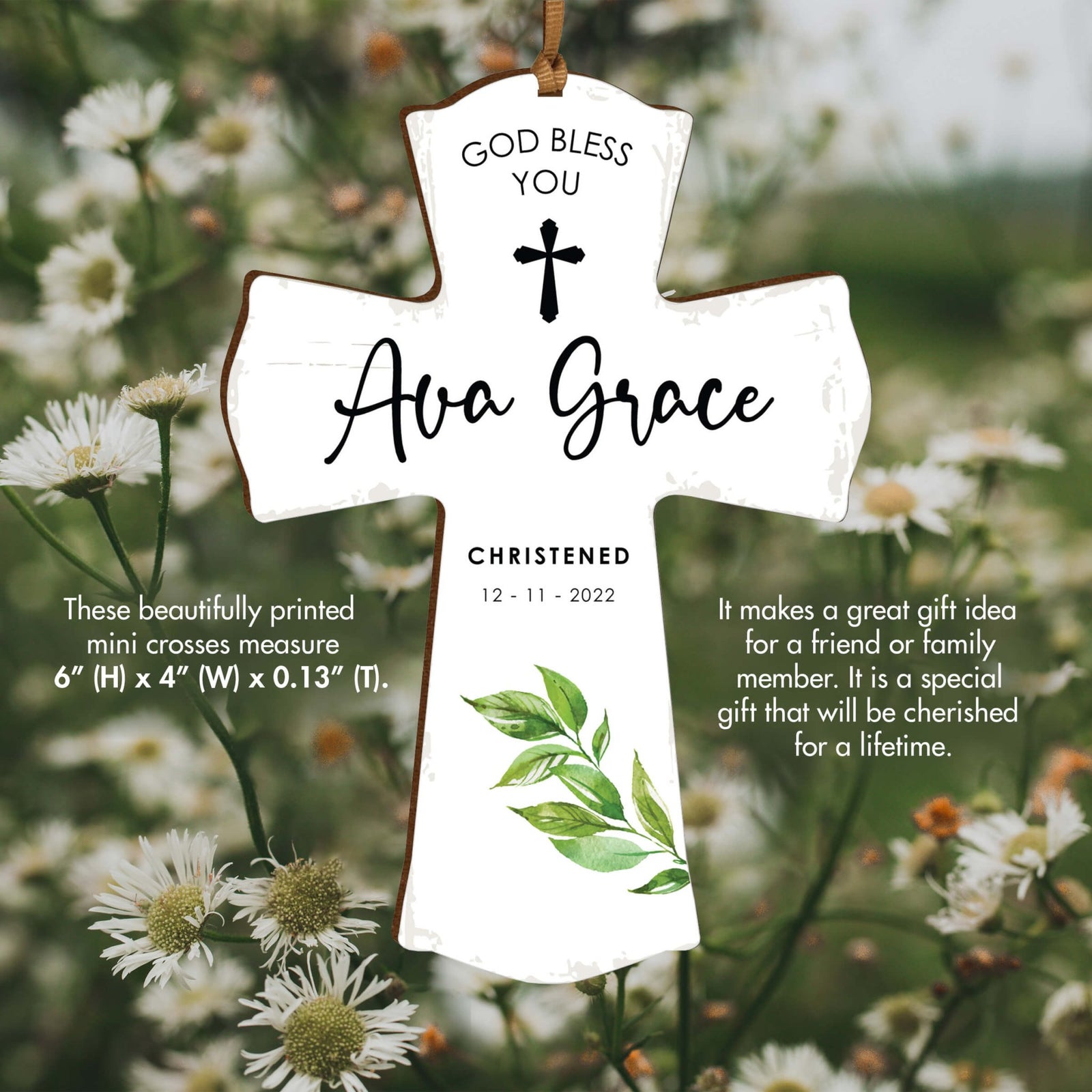 Personalized Christening Wooden Hanging Mini Cross - God Bless You - LifeSong Milestones