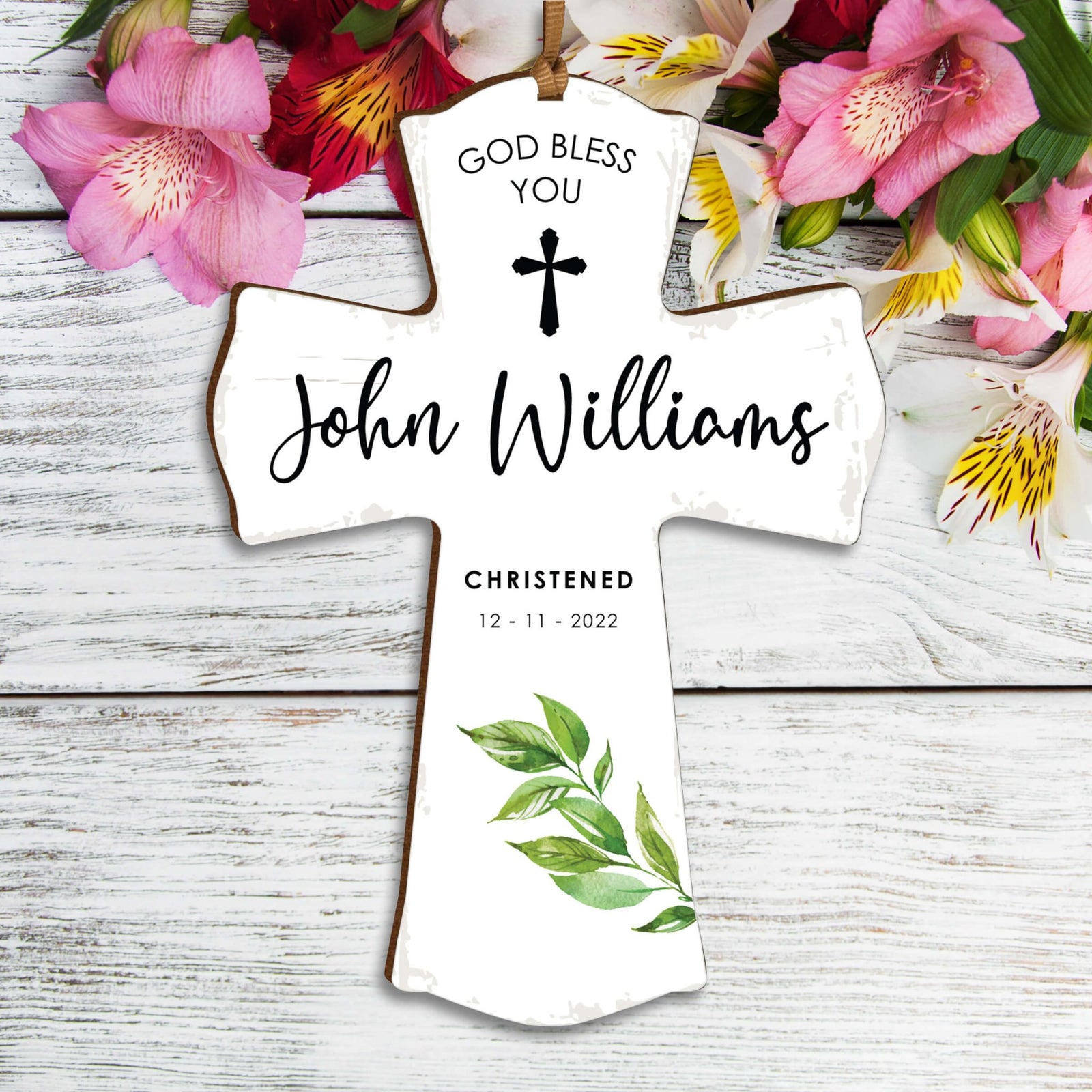Personalized Christening Wooden Hanging Mini Cross - God Bless You - LifeSong Milestones