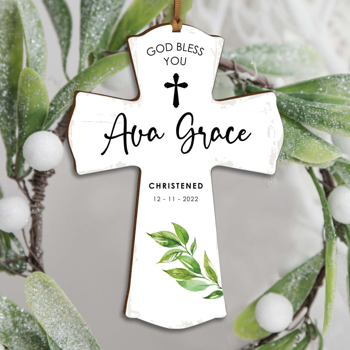 Personalized Christening Wooden Hanging Mini Cross - God Bless You - LifeSong Milestones