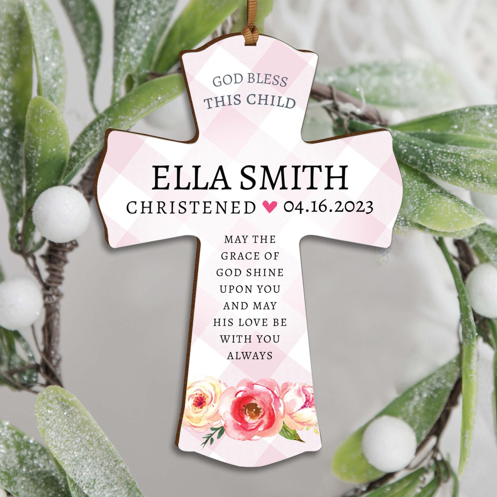 Personalized Christening Wooden Hanging Mini Cross - May The Grace - LifeSong Milestones