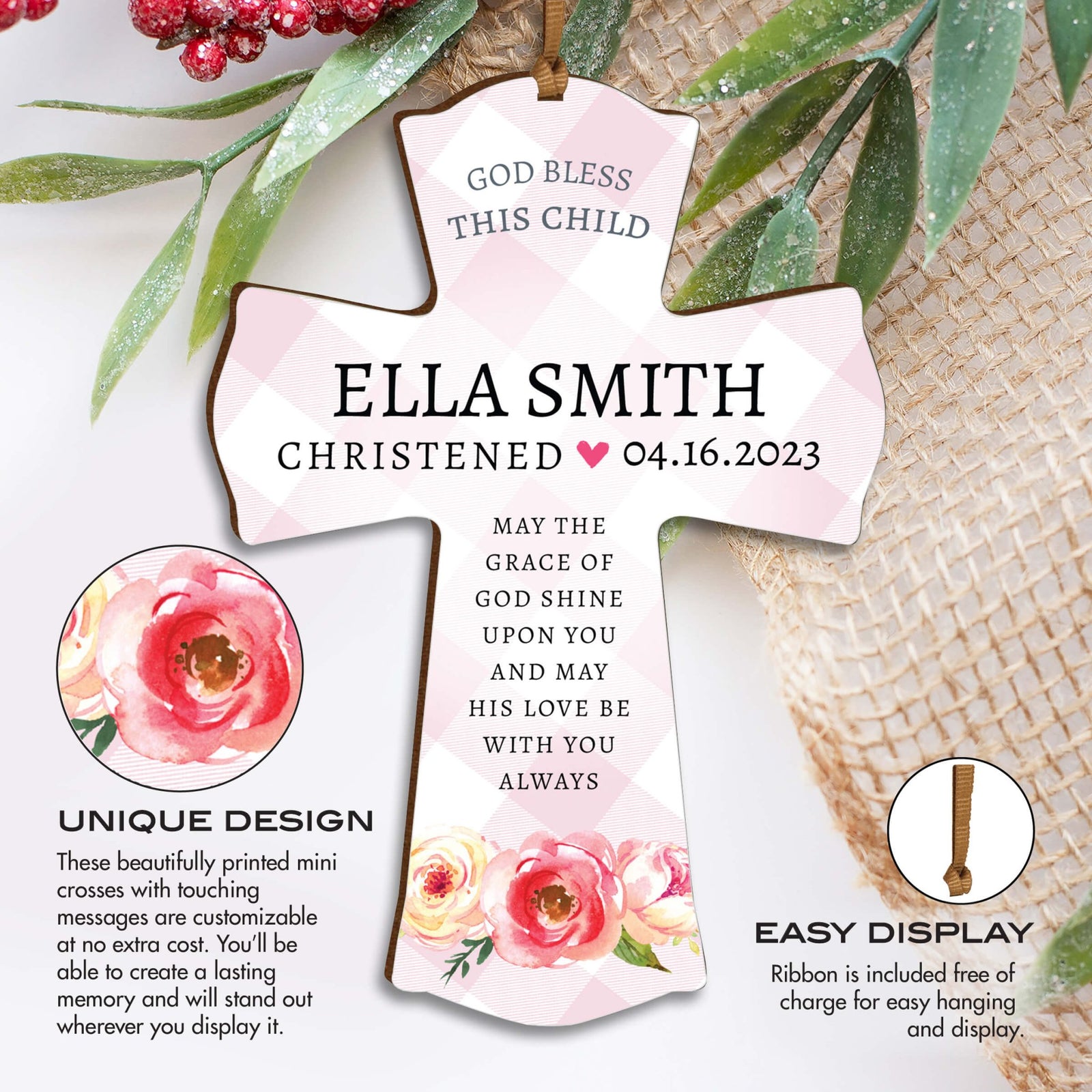 Personalized Christening Wooden Hanging Mini Cross - May The Grace - LifeSong Milestones