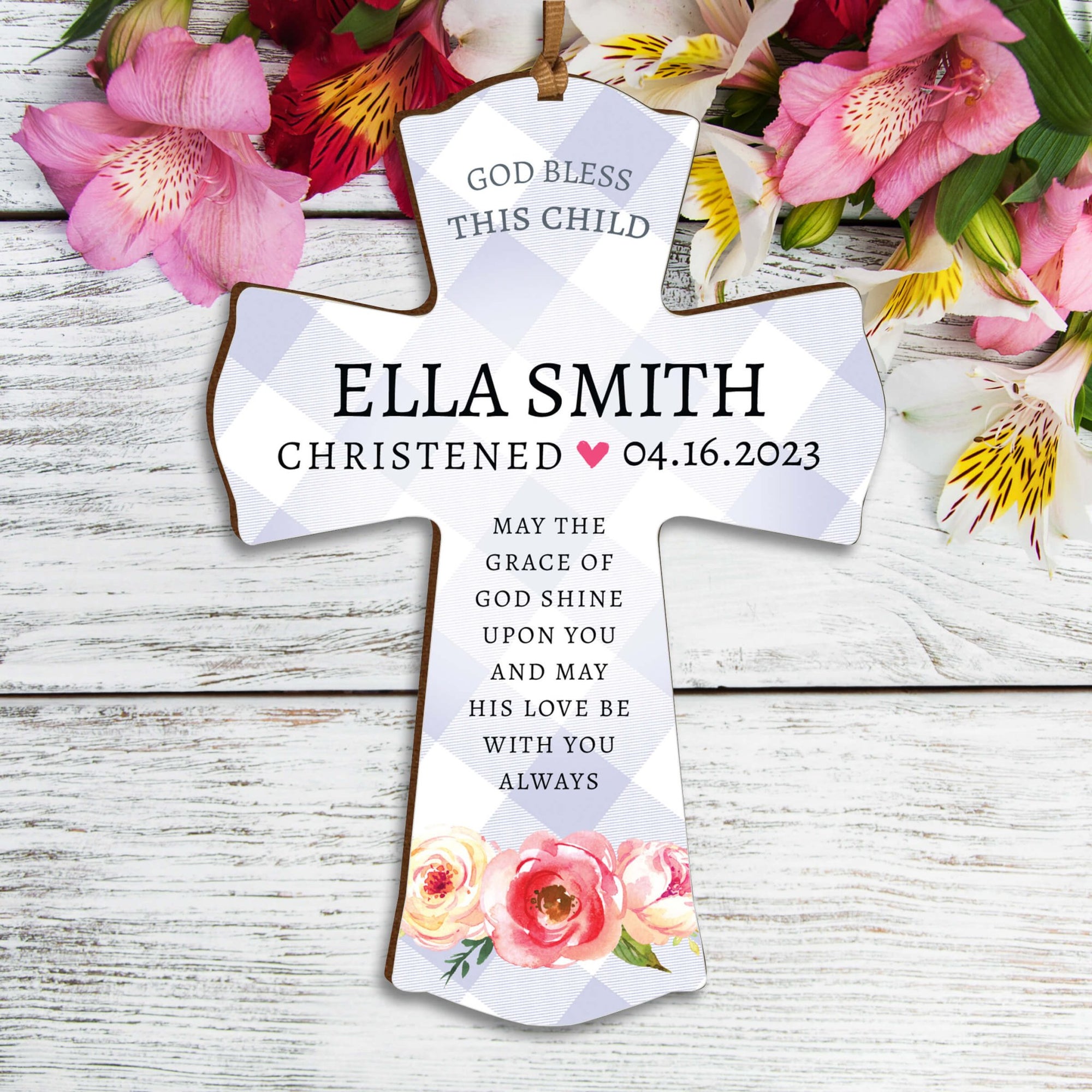 Personalized Christening Wooden Hanging Mini Cross - May The Grace - LifeSong Milestones