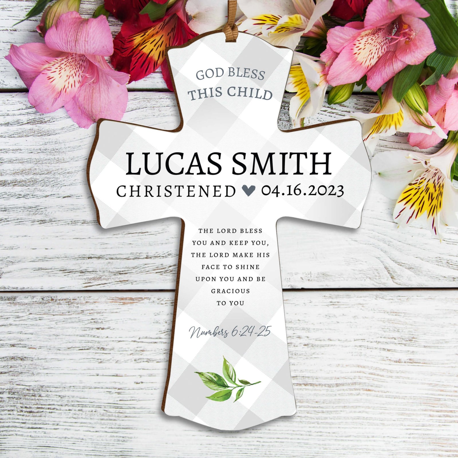 Personalized Christening Wooden Hanging Mini Cross - The Lord Bless - LifeSong Milestones