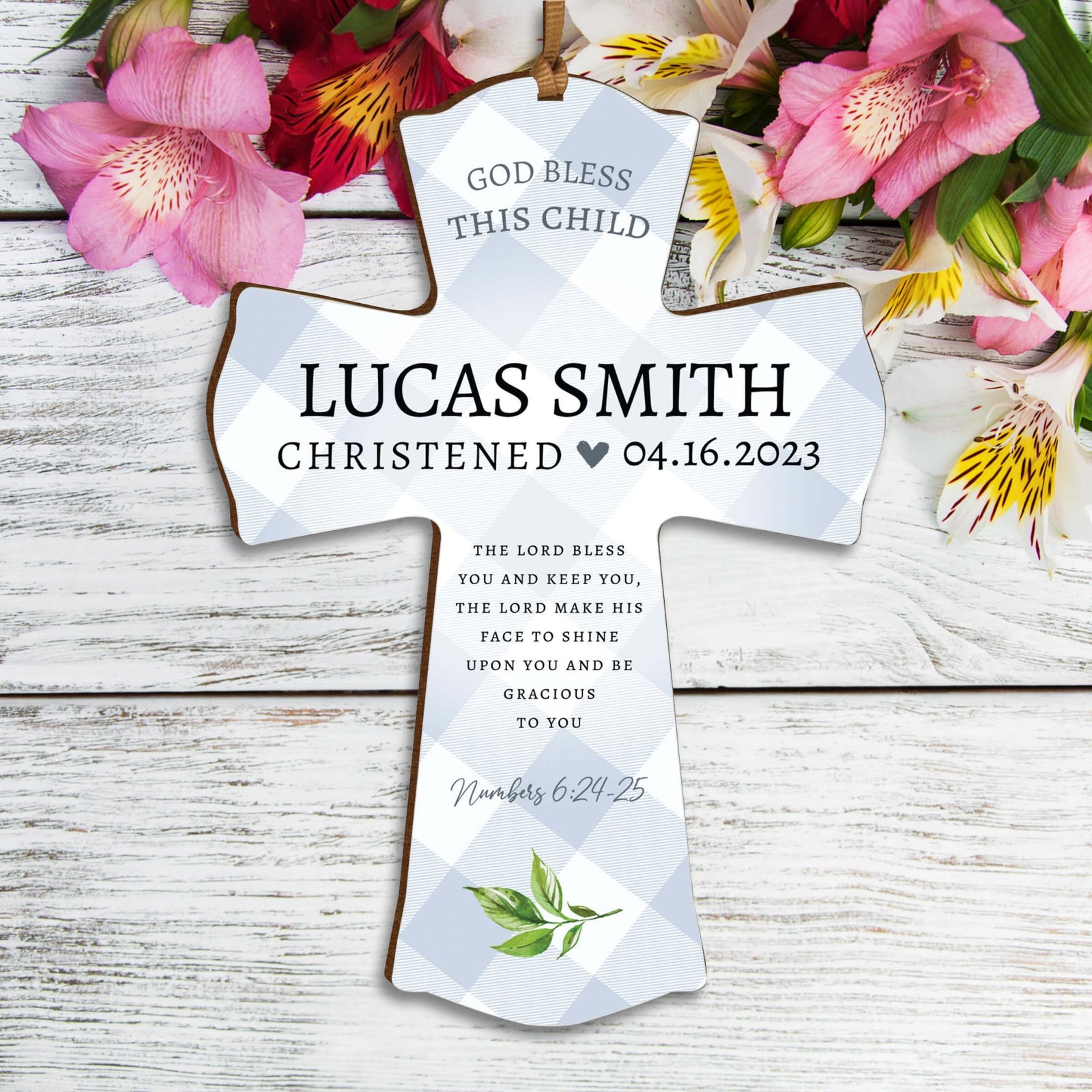 Personalized Christening Wooden Hanging Mini Cross - The Lord Bless - LifeSong Milestones