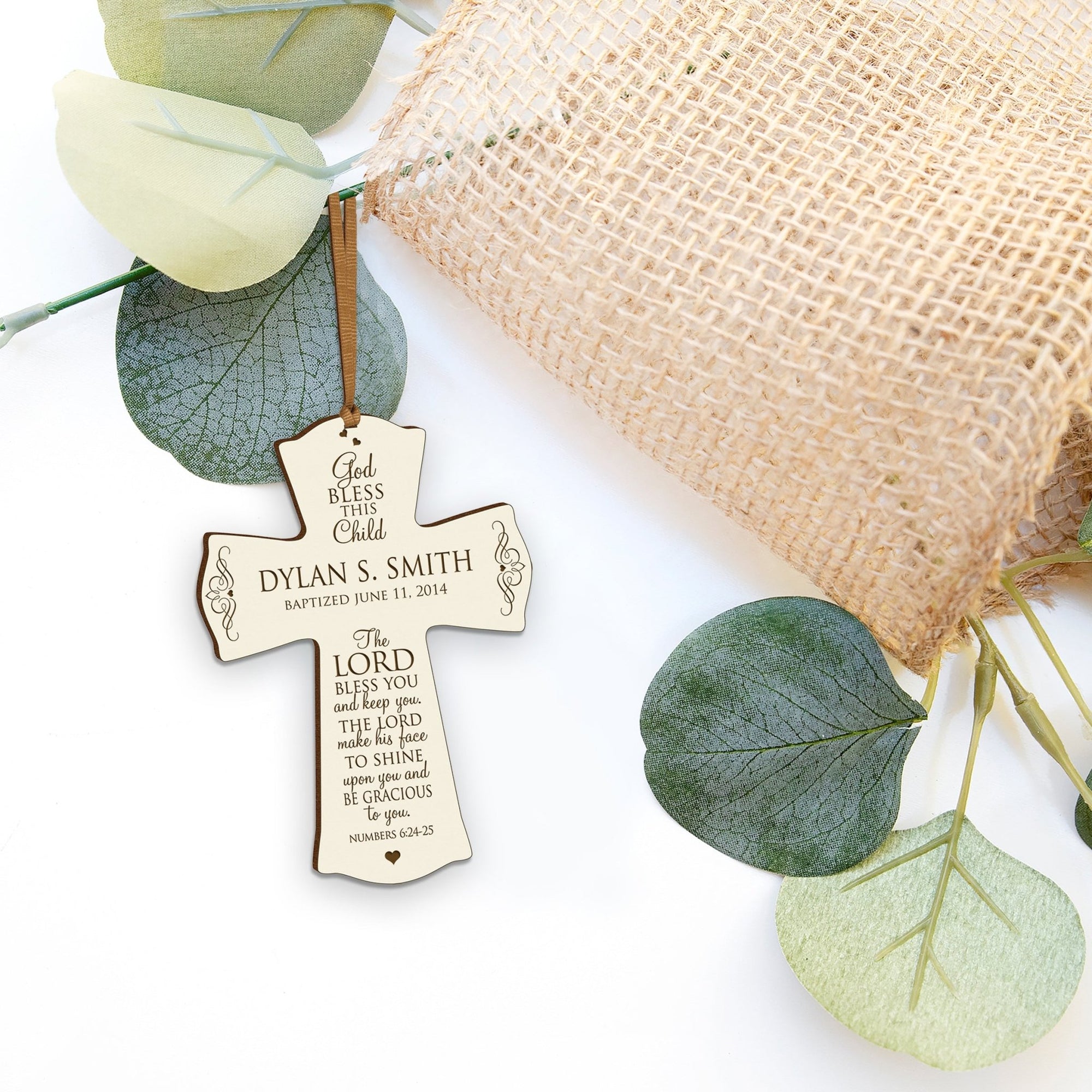 Personalized Christening Wooden Hanging Wall Cross - The Lord Bless You - LifeSong Milestones