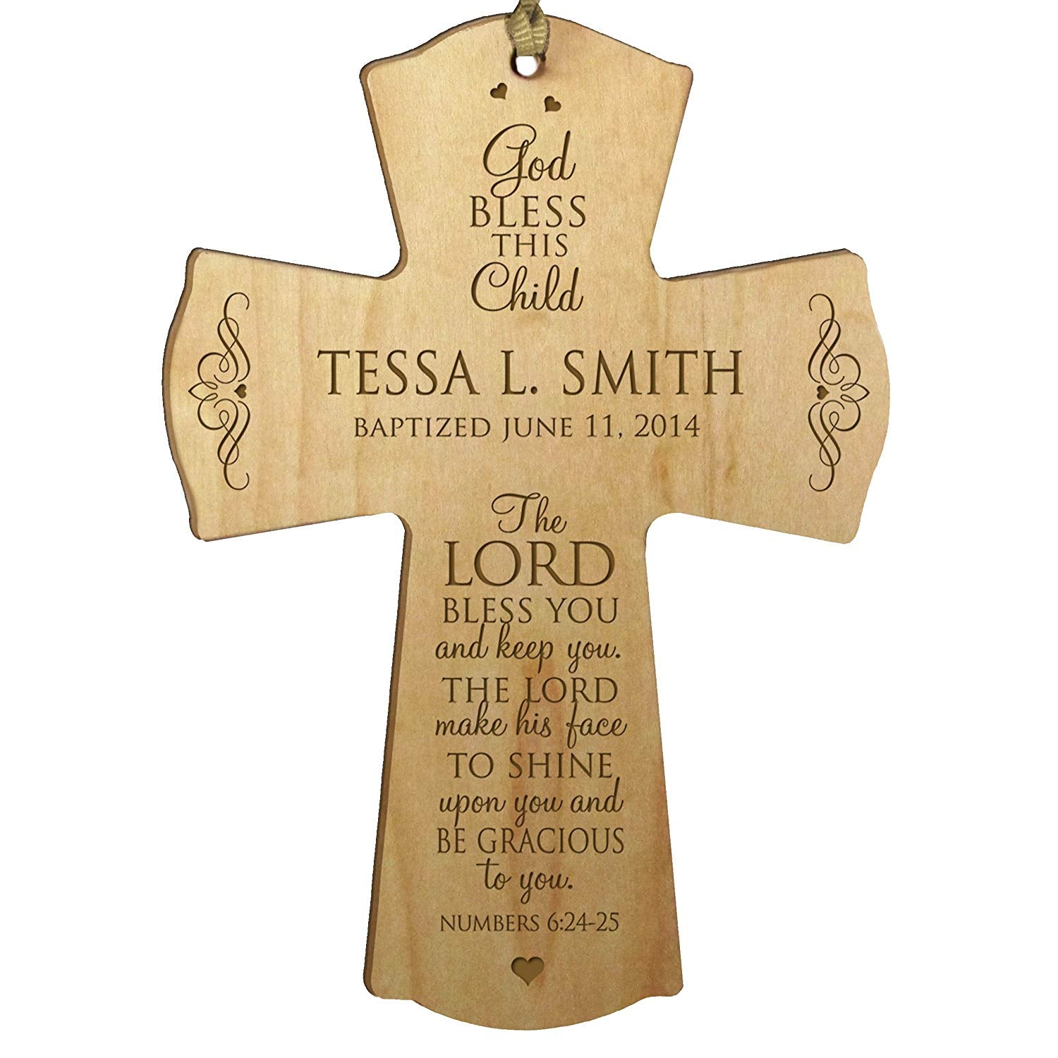 Personalized Christening Wooden Hanging Wall Cross - The Lord Bless You - LifeSong Milestones