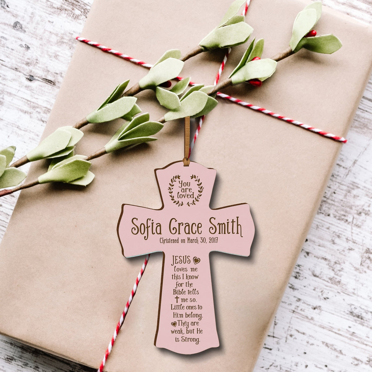 Personalized Christening Wooden Mini Cross Ornament - Jesus Loves Me - LifeSong Milestones