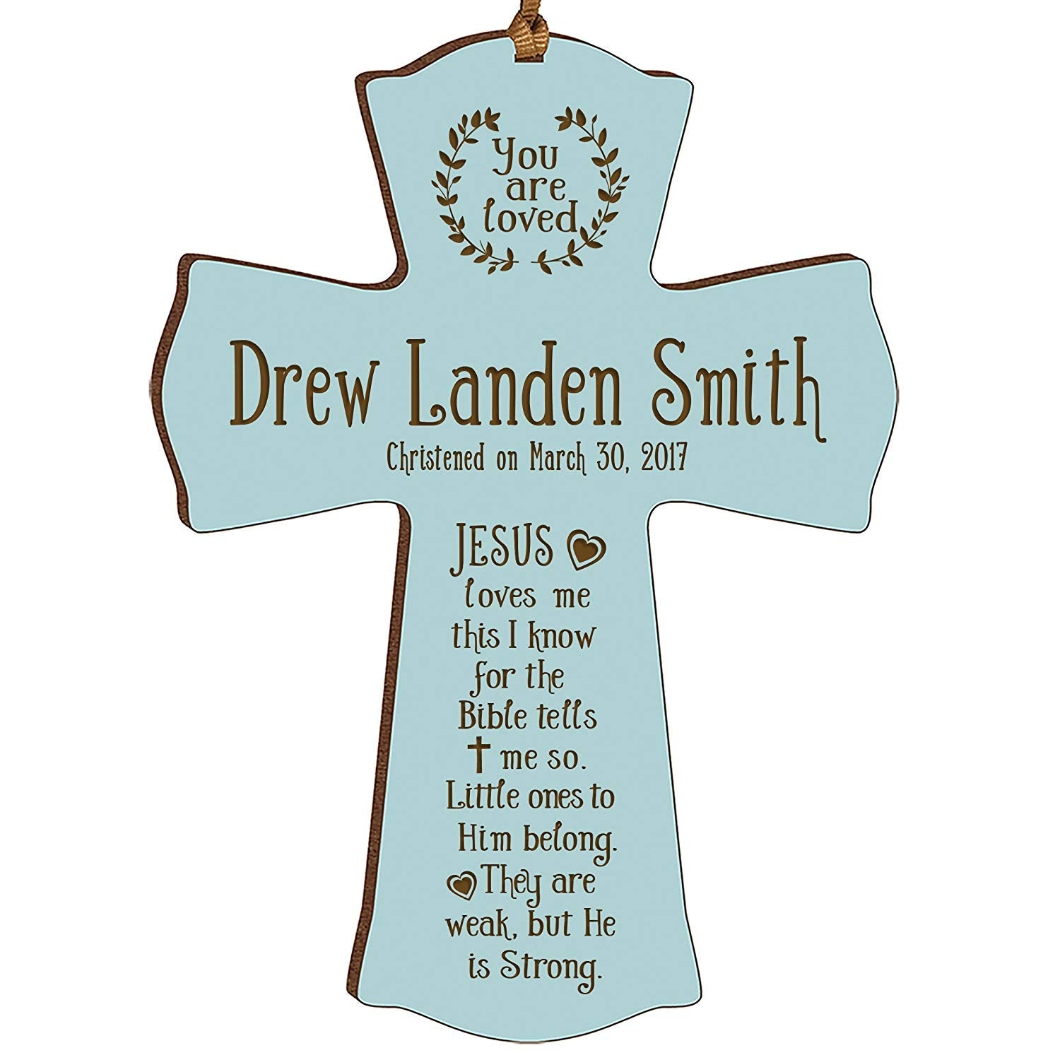 Personalized Christening Wooden Mini Cross Ornament - Jesus Loves Me - LifeSong Milestones