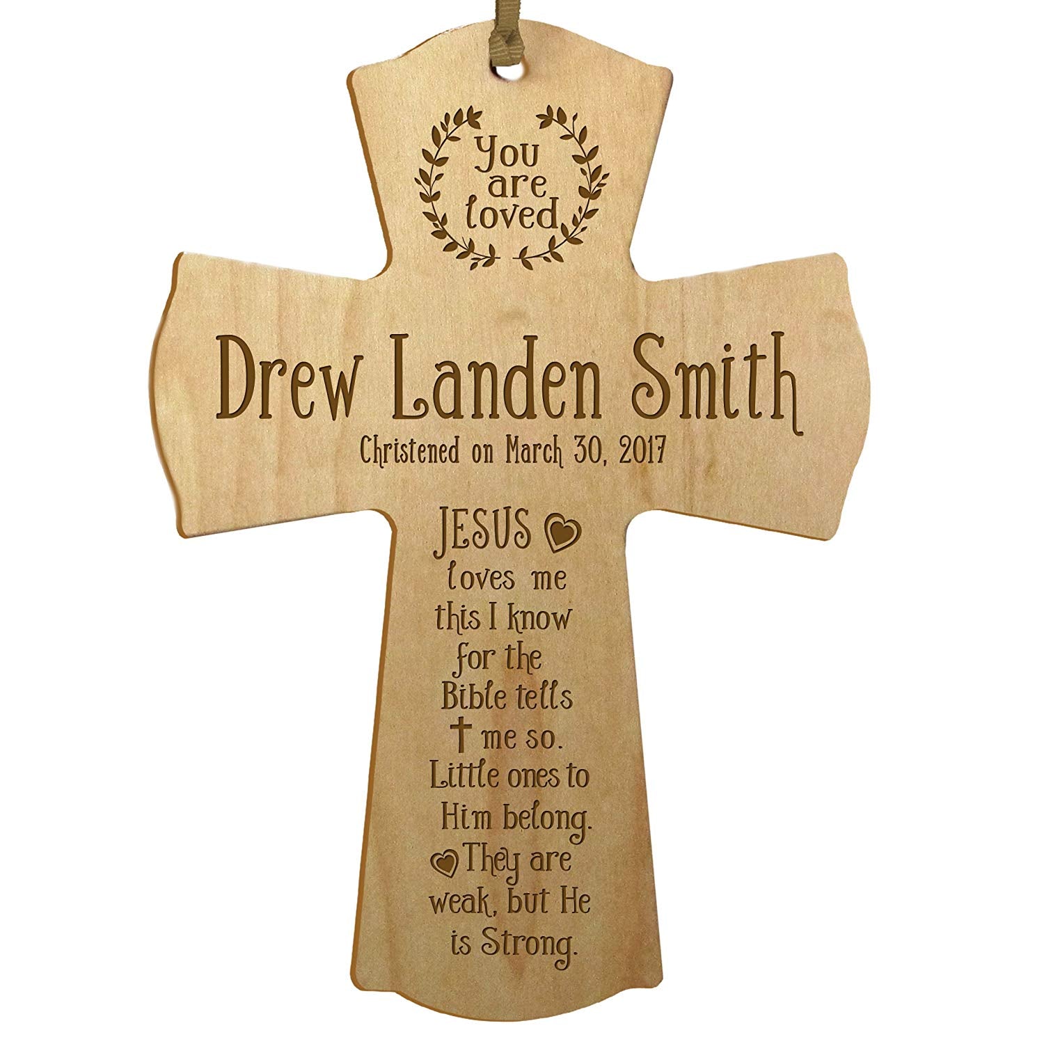 Personalized Christening Wooden Mini Cross Ornament - Jesus Loves Me - LifeSong Milestones