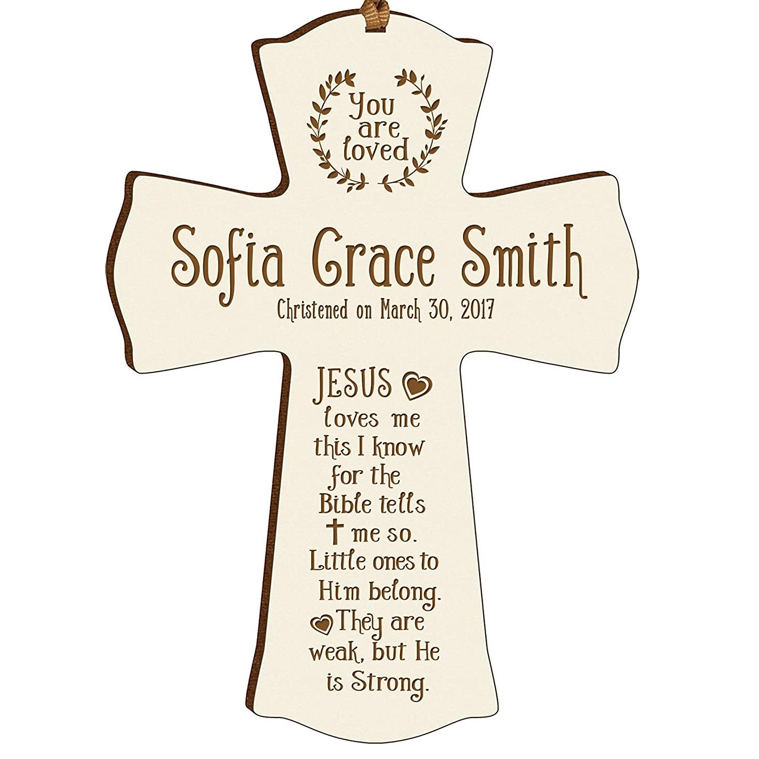 Personalized Christening Wooden Mini Cross Ornament - Jesus Loves Me - LifeSong Milestones