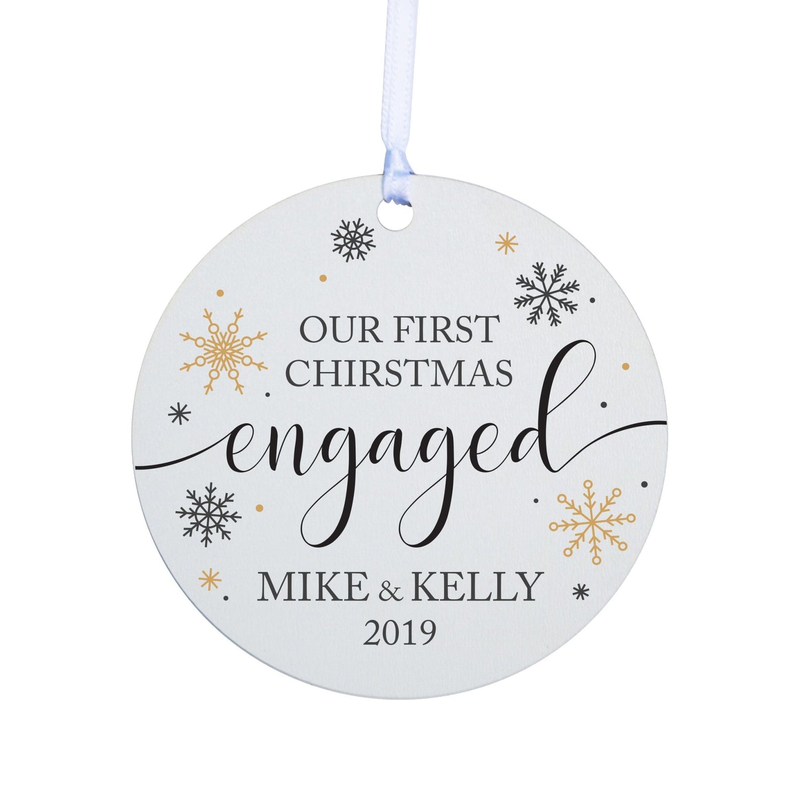 Personalized Christmas Engagement Ornament- Round Snowflakes - LifeSong Milestones