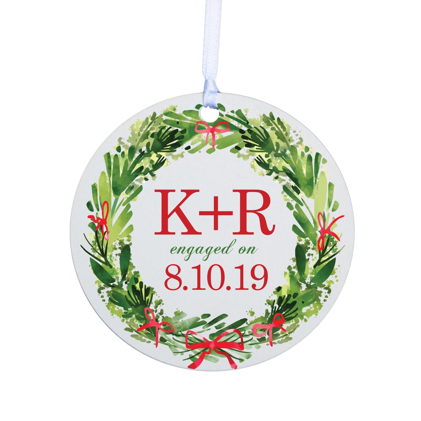 Personalized Christmas Engagement Ornament- Round Wreath - LifeSong Milestones