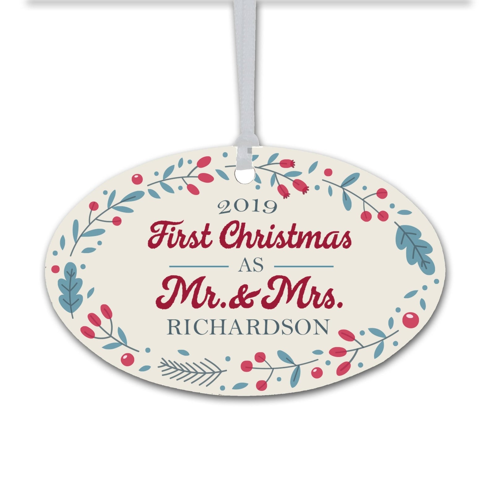 Personalized Christmas Newly Married Ornament - Oval Wreath - LifeSong Milestones