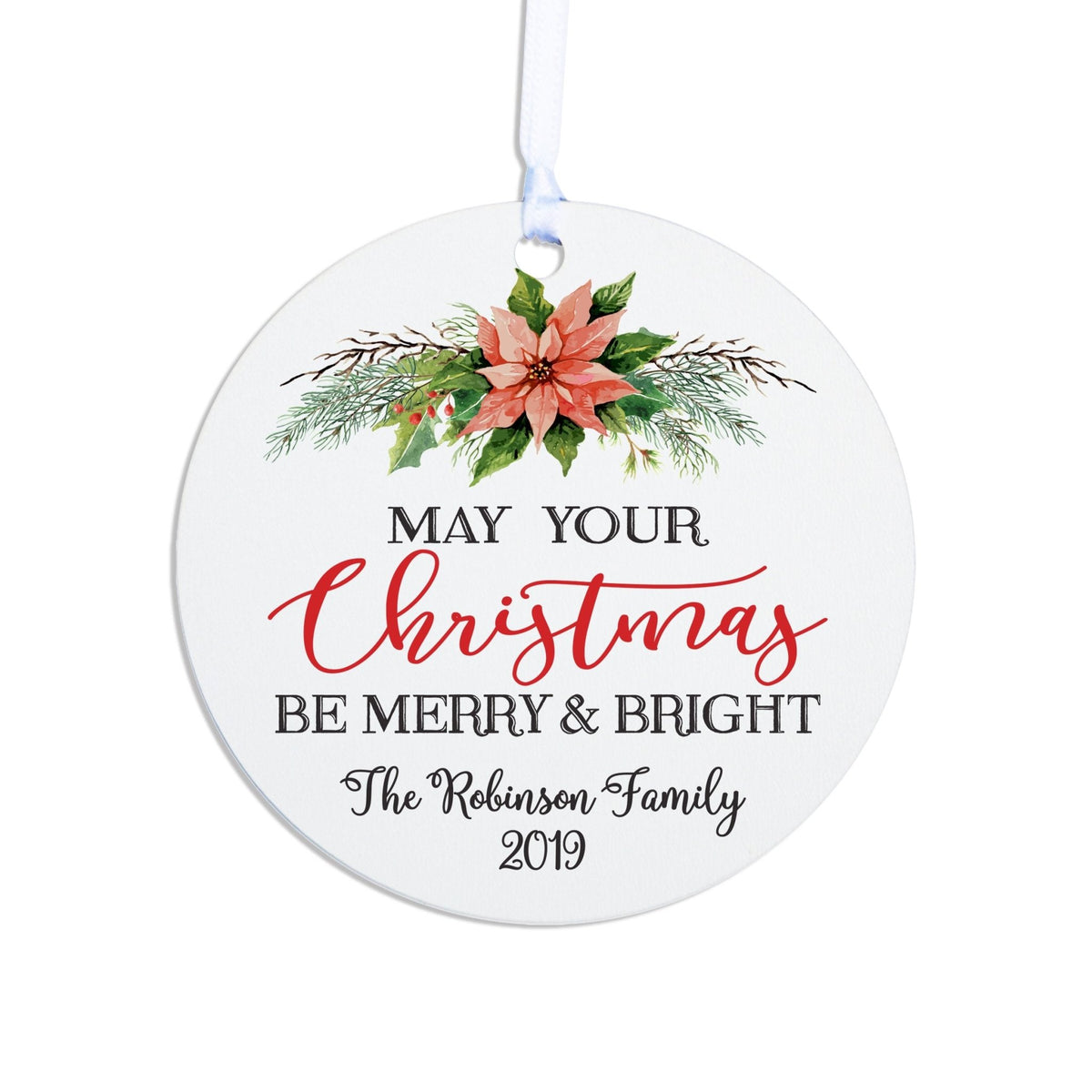 Personalized Christmas Wreath Round Home Ornament- Merry &amp; Bright - LifeSong Milestones