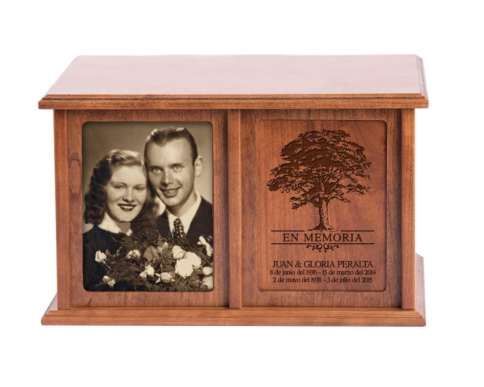 A personalized cremation companion urn in wood, adorned with a heartfelt Spanish verse. Designed for two adults’ ashes, this double urn combines functionality with emotional significance, making it a decorative urn to cherish forever.