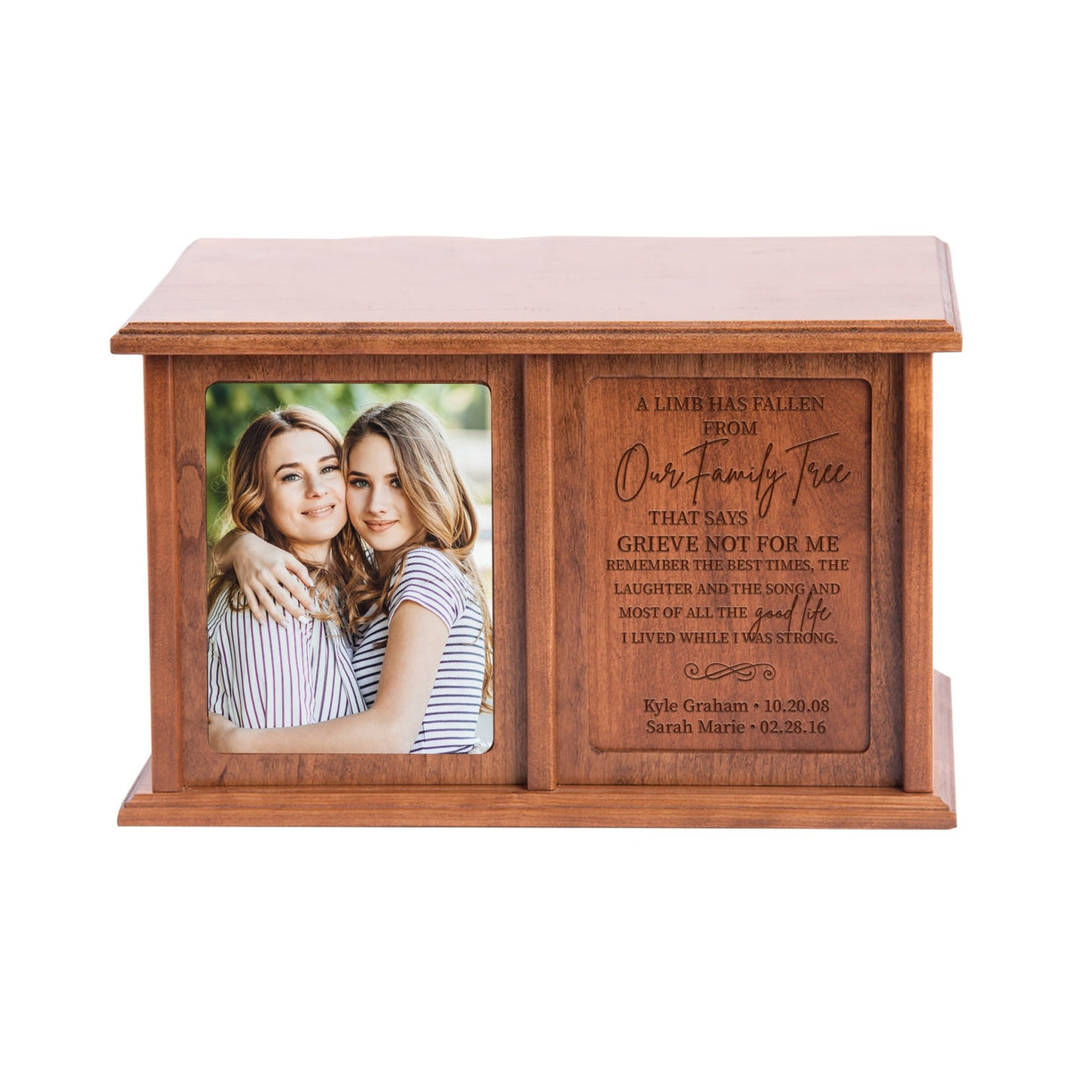 Various wooden urns for ashes including custom, engraved, and personalized options, suitable for funeral memorials and as keepsakes