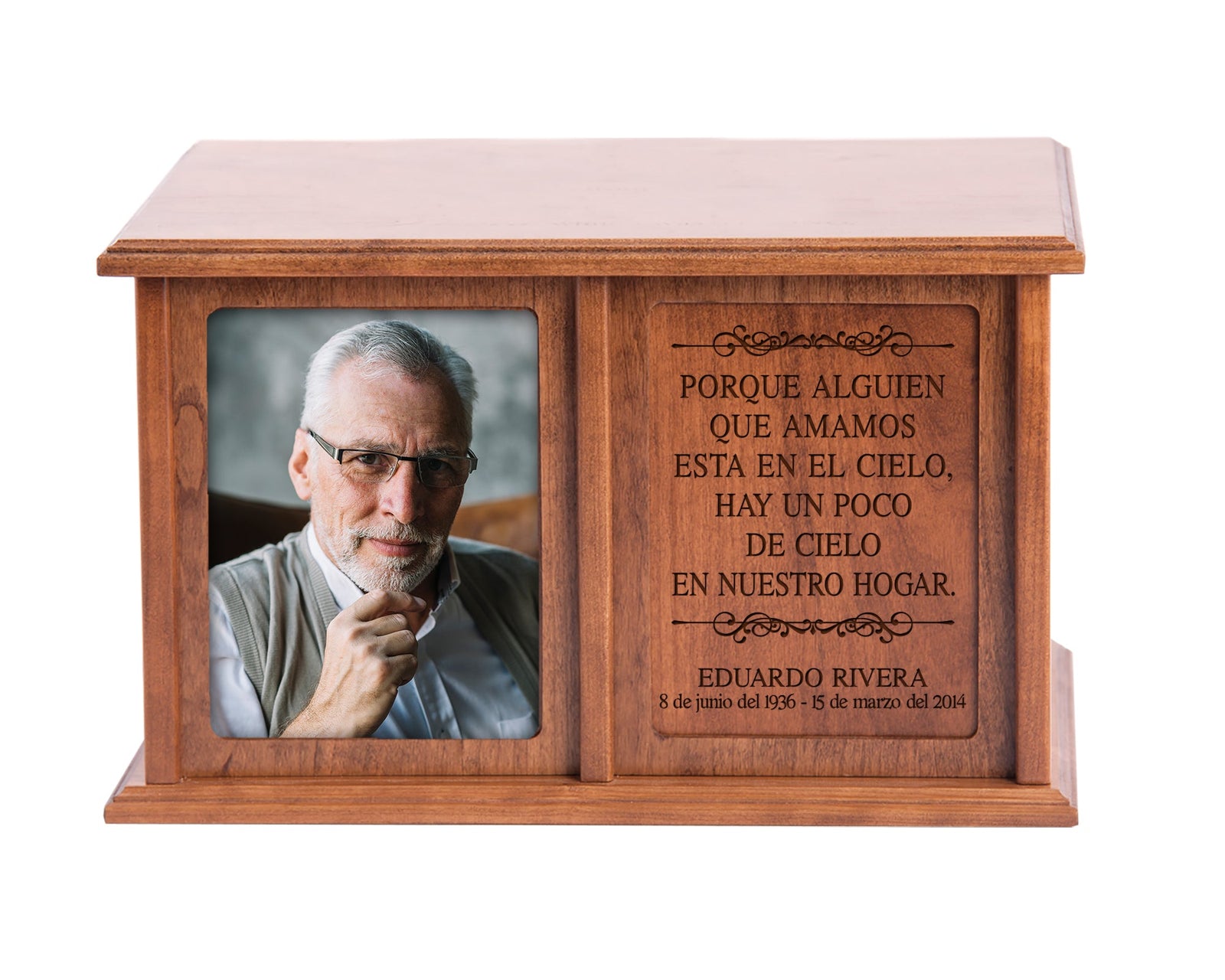 Various wooden urns for ashes including custom, engraved, and personalized options, suitable for funeral memorials and as keepsakes