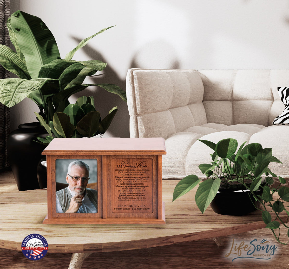 A personalized wooden cremation companion urn for two adults' ashes, featuring a vintage wedding photo on one side and a smooth, minimalist wooden panel on the other. This double urn offers a timeless, elegant design for preserving cherished memories while serving as a decorative piece in any space.