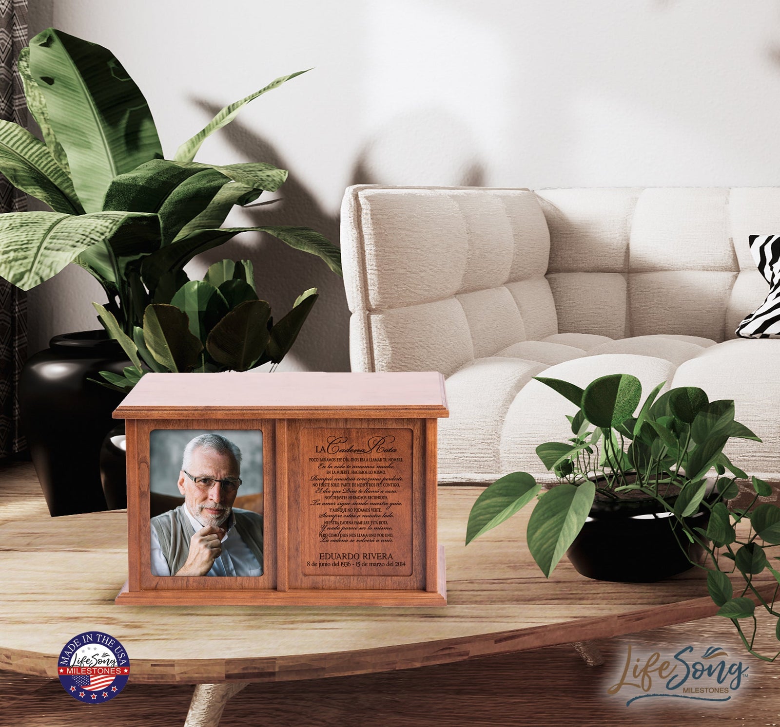 A personalized wooden cremation companion urn for two adults' ashes, featuring a vintage wedding photo on one side and a smooth, minimalist wooden panel on the other. This double urn offers a timeless, elegant design for preserving cherished memories while serving as a decorative piece in any space.