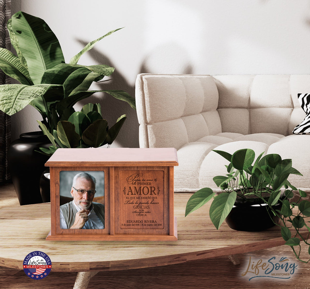 A wooden double urn for two sets of ashes, personalized with a classic design featuring a framed photo on the left and a blank panel on the right for customization. This decorative urn is ideal for preserving memories of loved ones with dignity and care.