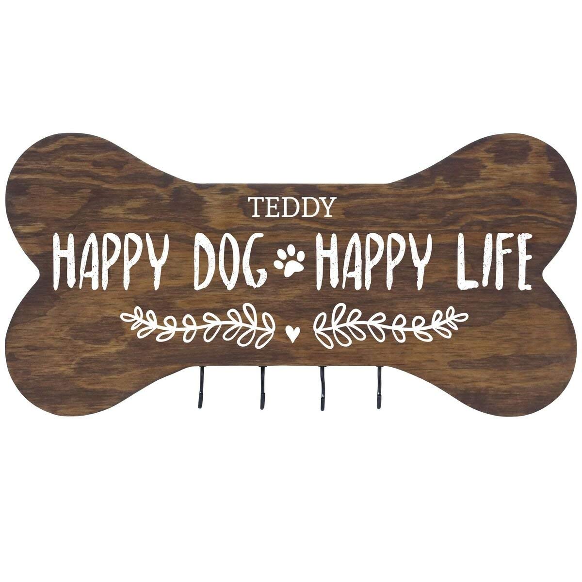 Personalized Dog Bone Sign With Hooks - Happy Dog Happy Life - LifeSong Milestones