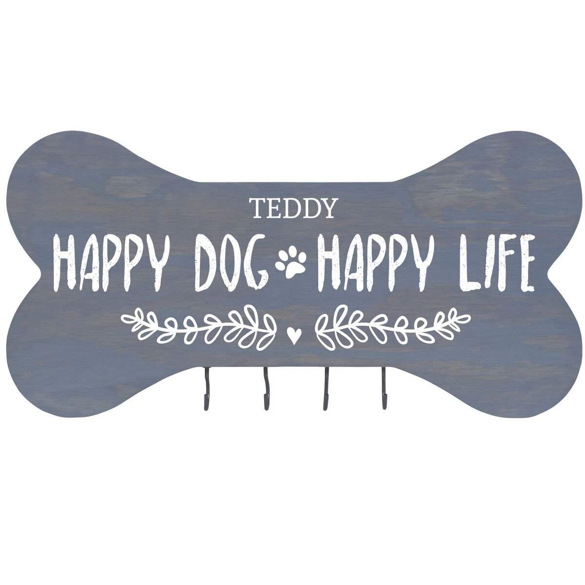 Personalized Dog Bone Sign With Hooks - Happy Dog Happy Life - LifeSong Milestones