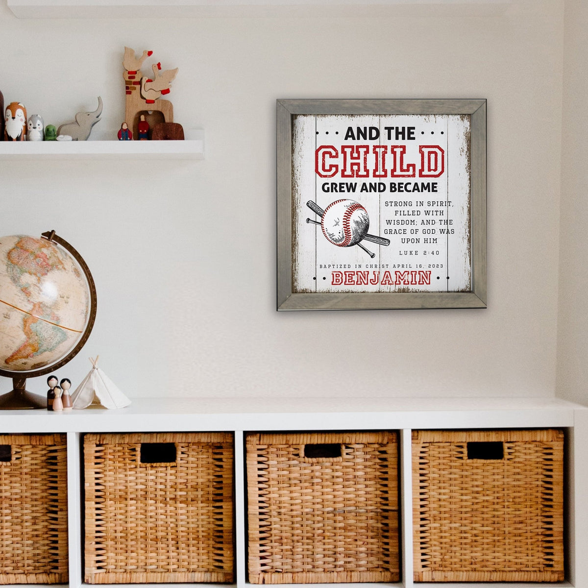 Personalized Elegant Baseball Framed Shadow Box Shelf Décor With Inspiring Bible Verses - And The Child Grew - LifeSong Milestones
