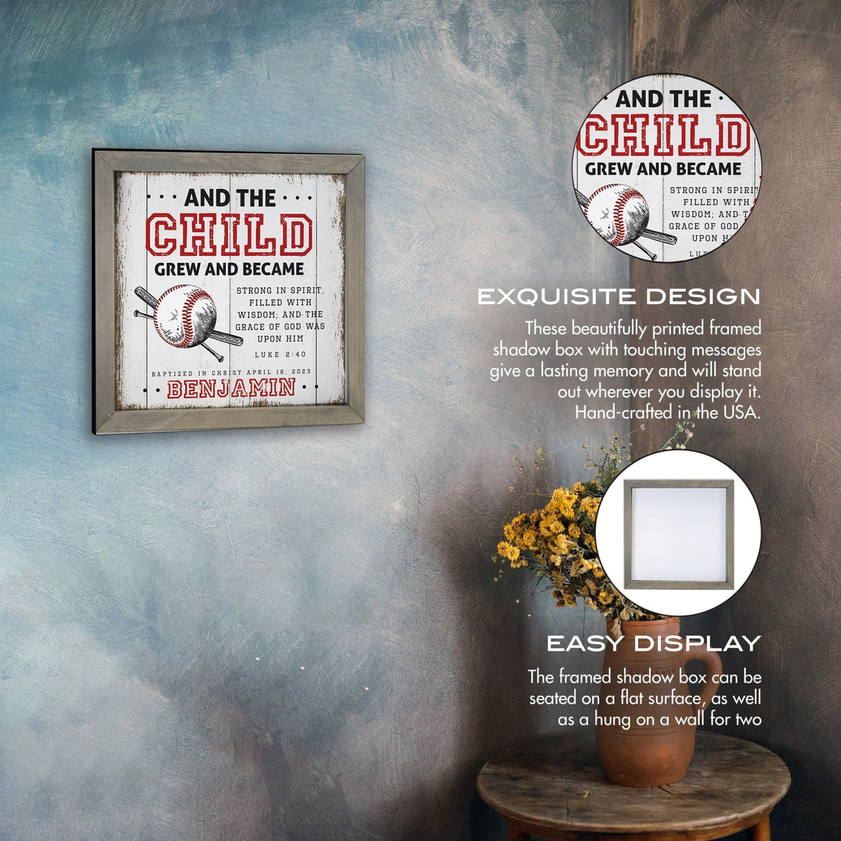 Personalized Elegant Baseball Framed Shadow Box Shelf Décor With Inspiring Bible Verses - And The Child Grew - LifeSong Milestones