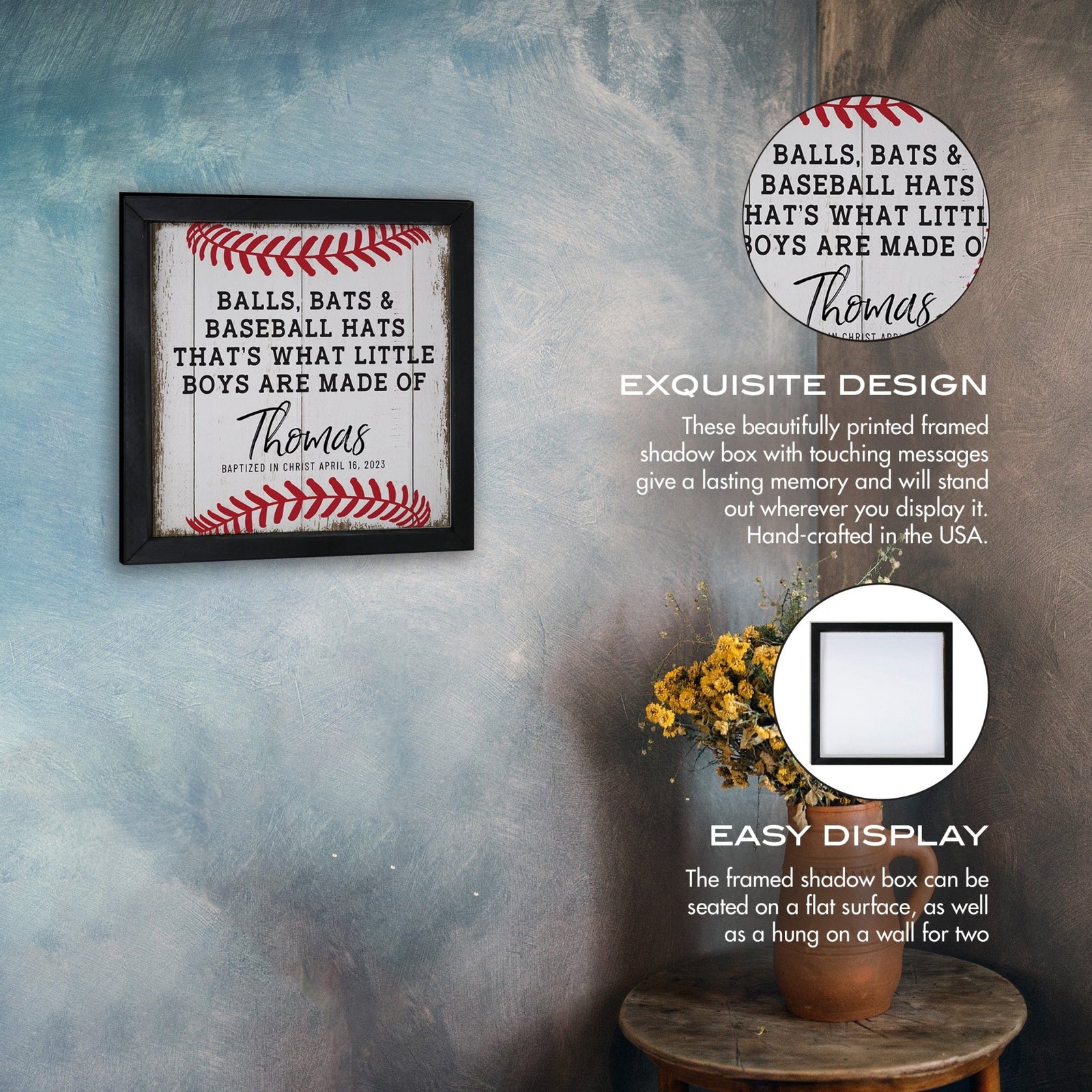 Personalized Elegant Baseball Framed Shadow Box Shelf Décor With Inspiring Bible Verses - Balls. Bats, & Baseball Hats - LifeSong Milestones