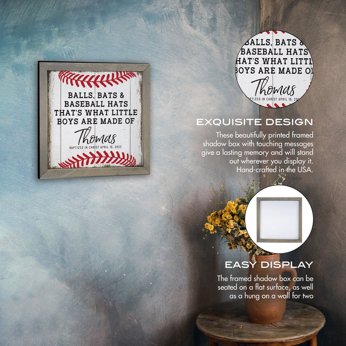 Personalized Elegant Baseball Framed Shadow Box Shelf Décor With Inspiring Bible Verses - Balls. Bats, & Baseball Hats - LifeSong Milestones
