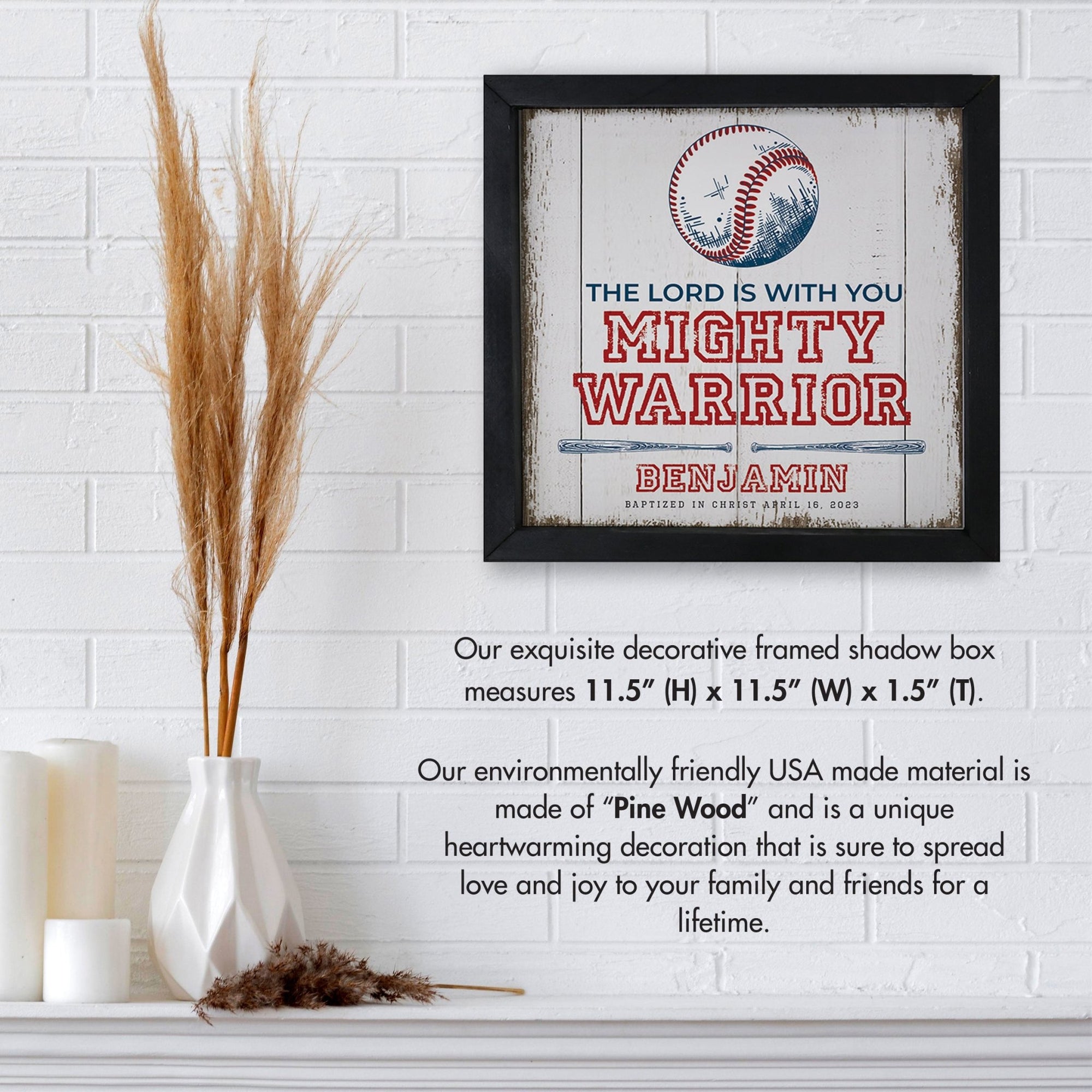 Personalized Elegant Baseball Framed Shadow Box Shelf Décor With Inspiring Bible Verses - Mighty Warrior - LifeSong Milestones