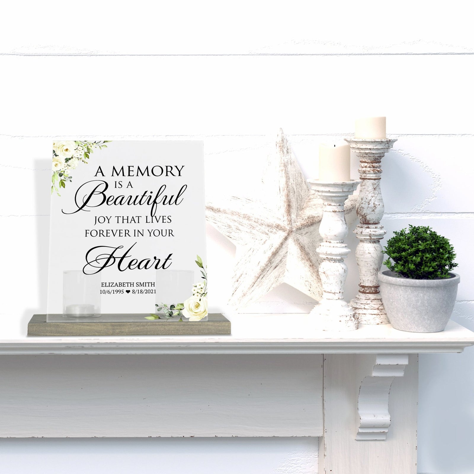 Personalized Elegant Human Memorial Acrylic Sign With Grey Wooden Base - A Memory Is Flower - LifeSong Milestones