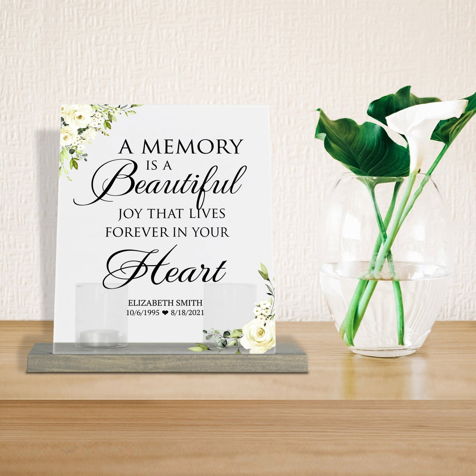 Personalized Elegant Human Memorial Acrylic Sign With Grey Wooden Base - A Memory Is Flower - LifeSong Milestones
