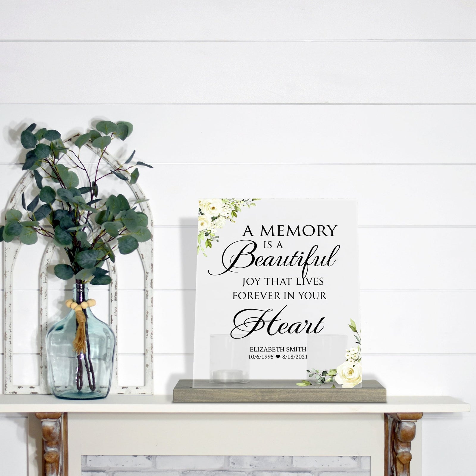 Personalized Elegant Human Memorial Acrylic Sign With Grey Wooden Base - A Memory Is Flower - LifeSong Milestones