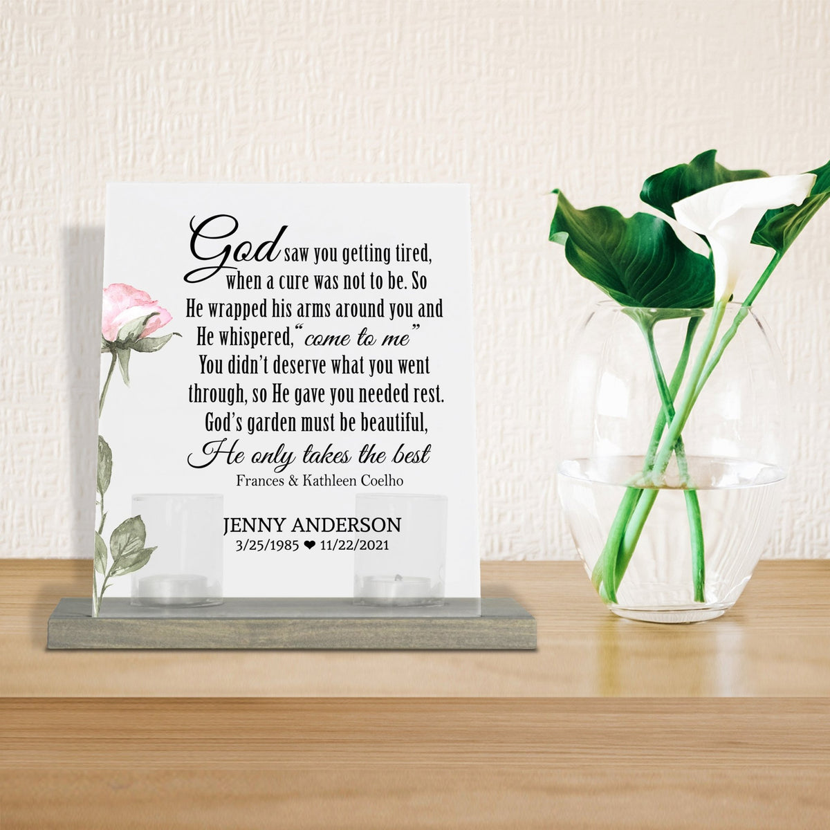 Personalized Elegant Human Memorial Acrylic Sign With Grey Wooden Base - God Saw You - LifeSong Milestones