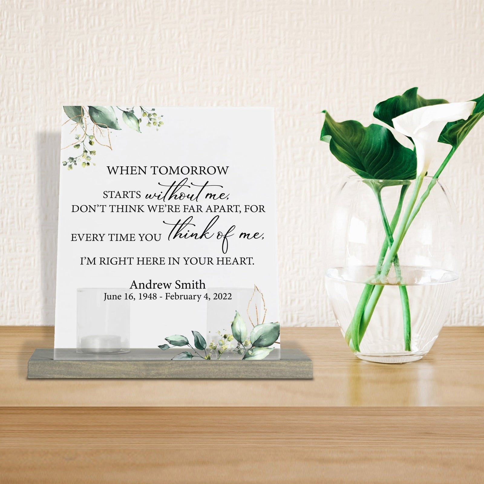 Personalized Elegant Human Memorial Acrylic Sign With Grey Wooden Base - When Tomorrow - LifeSong Milestones