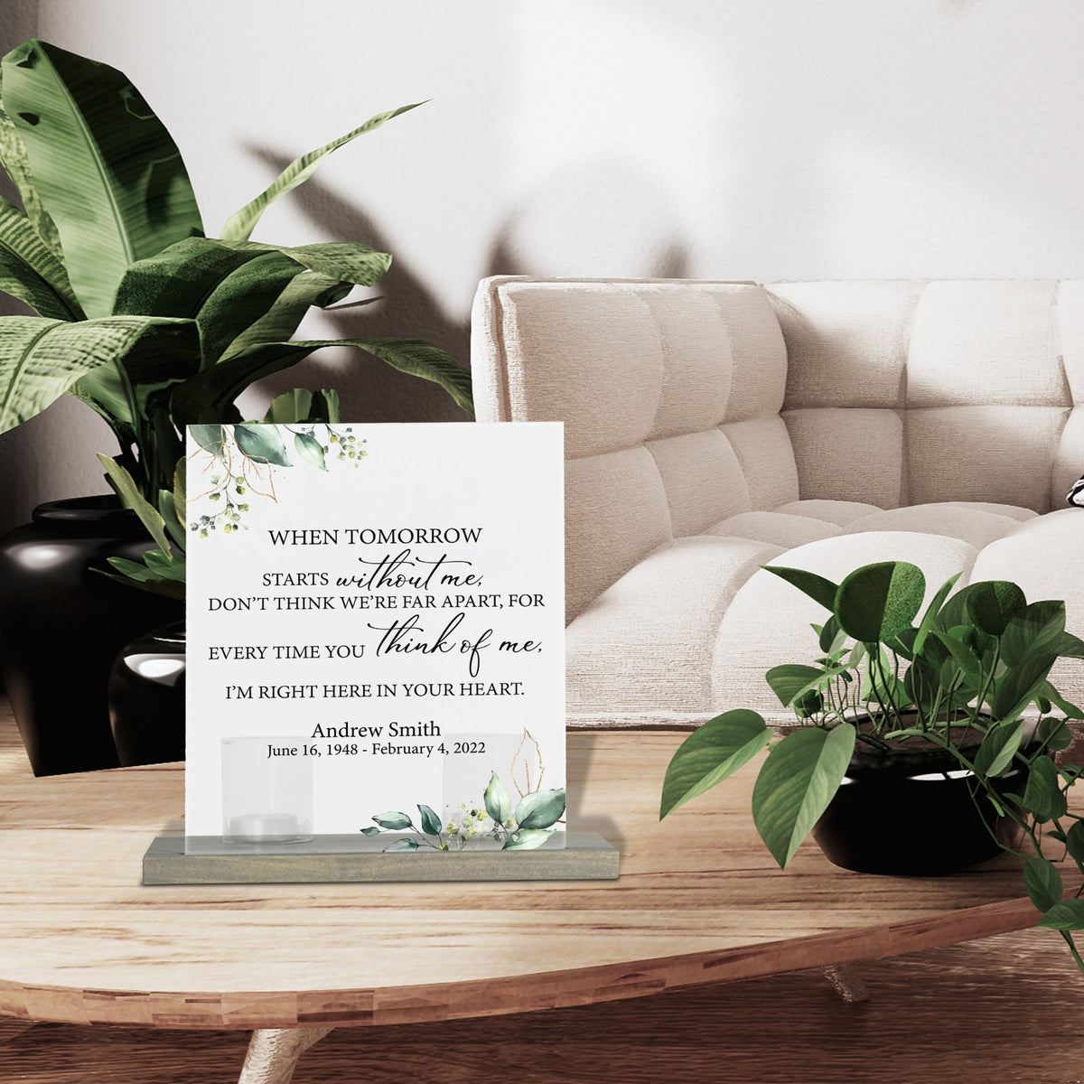Personalized Elegant Human Memorial Acrylic Sign With Grey Wooden Base - When Tomorrow - LifeSong Milestones