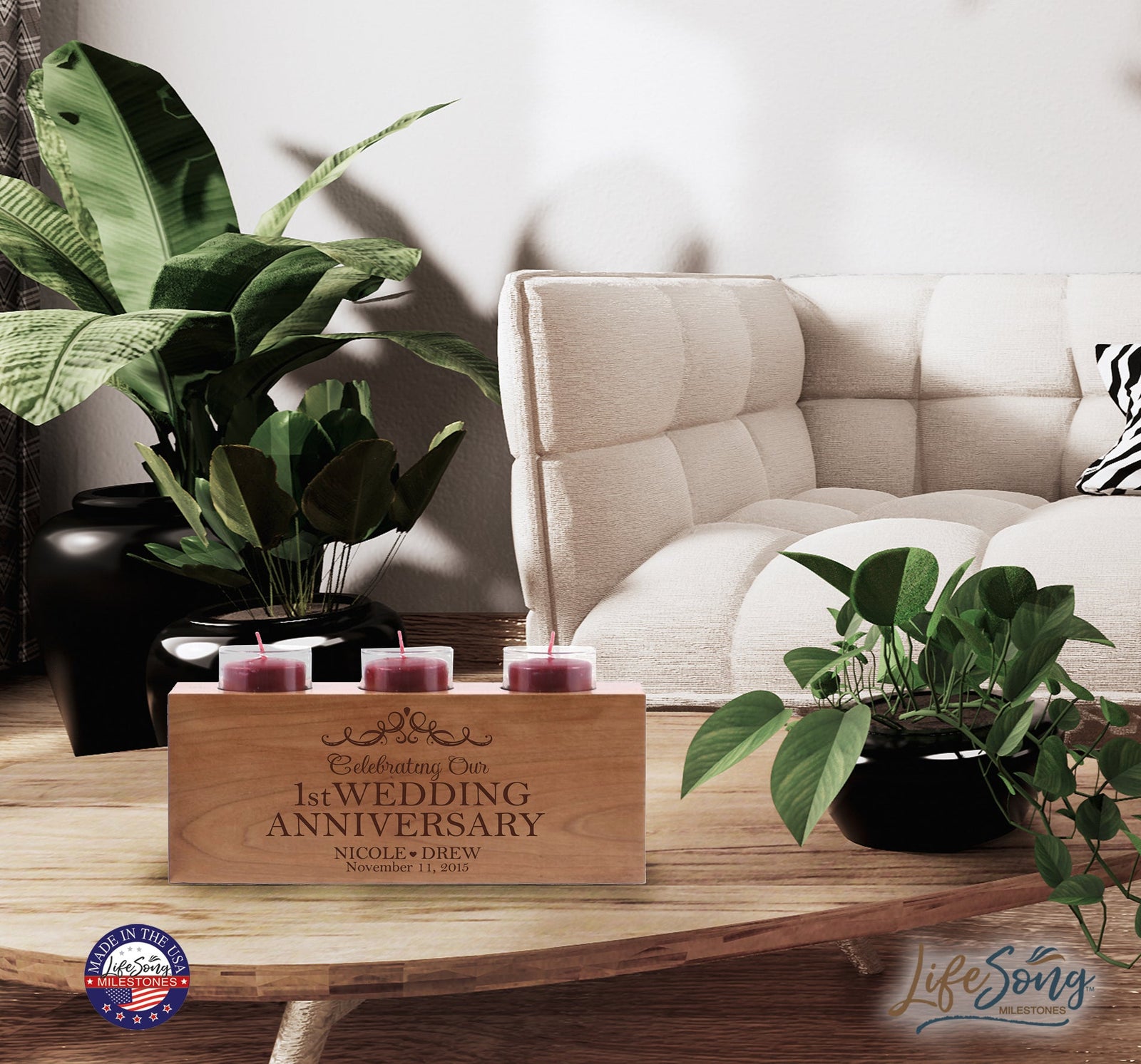 Personalized Engraved 1st Wedding Anniversary Candle Holder 10”x4"x4” - LifeSong Milestones