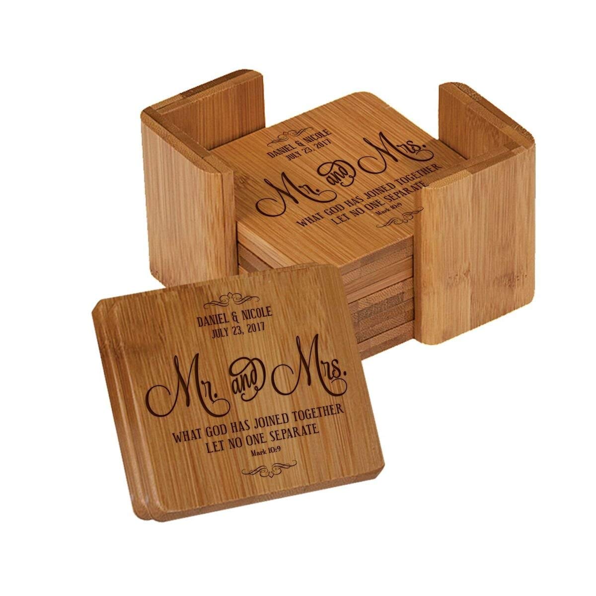 Personalized Engraved Anniversary Bamboo 7 pc Coaster Set - Mr. &amp; Mrs. - LifeSong Milestones