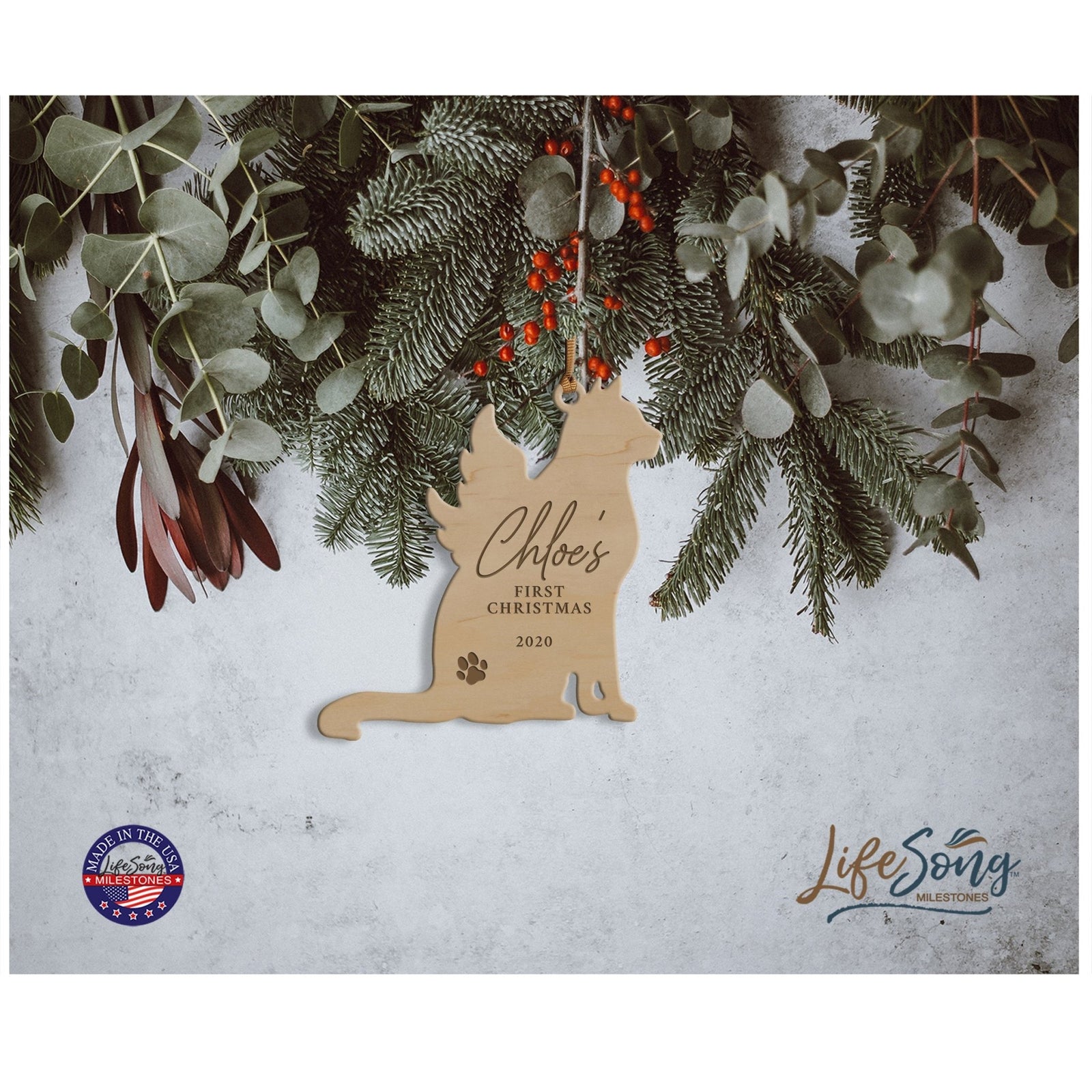 Personalized Engraved Christmas Cat Ornament 4.9375” x 5.375” x 0.125” - Christmas (PAW) - LifeSong Milestones