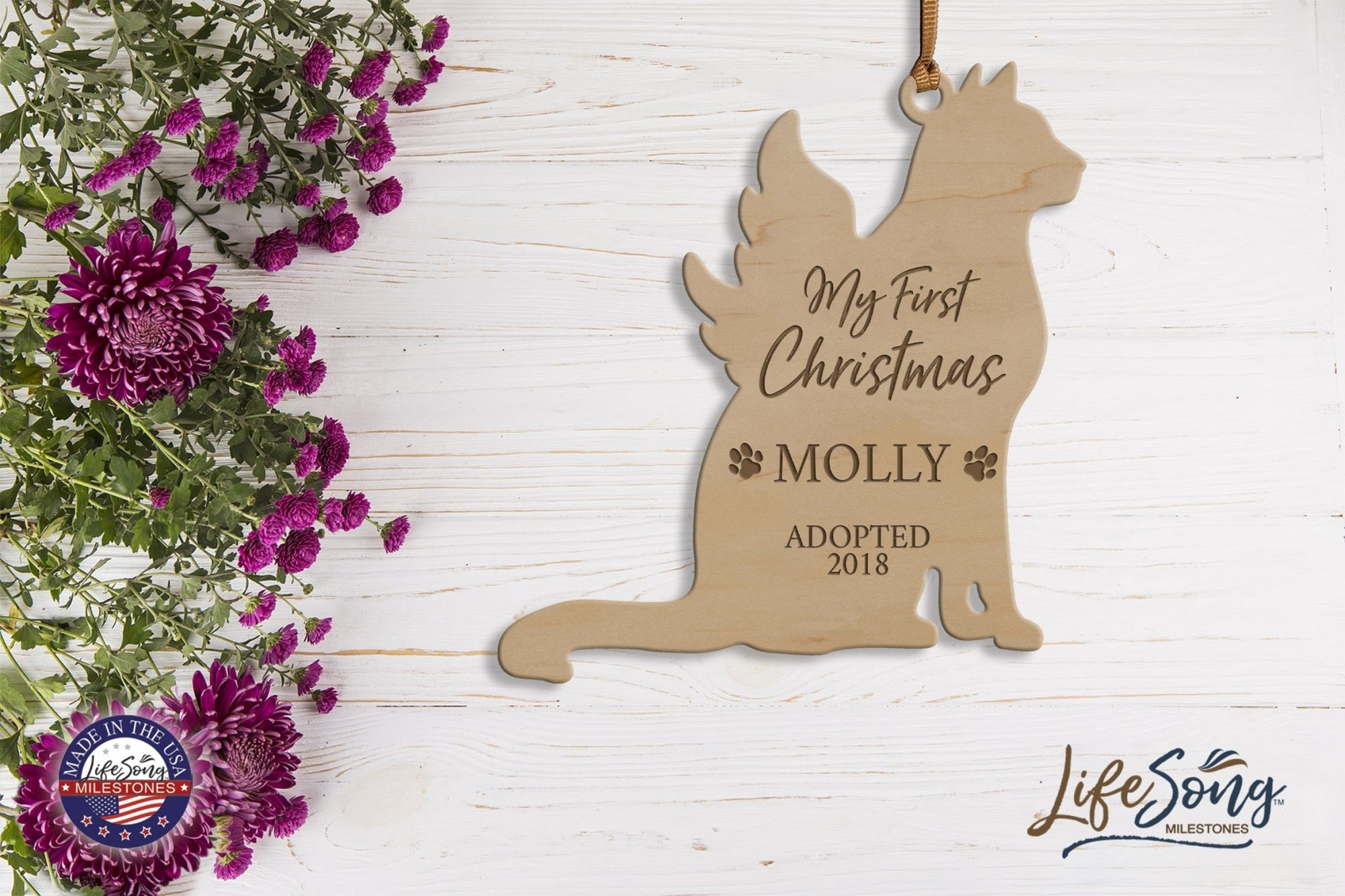 Personalized Engraved Christmas Cat Ornament 4.9375” x 5.375” x 0.125” - My first Christmas (PAWS) - LifeSong Milestones