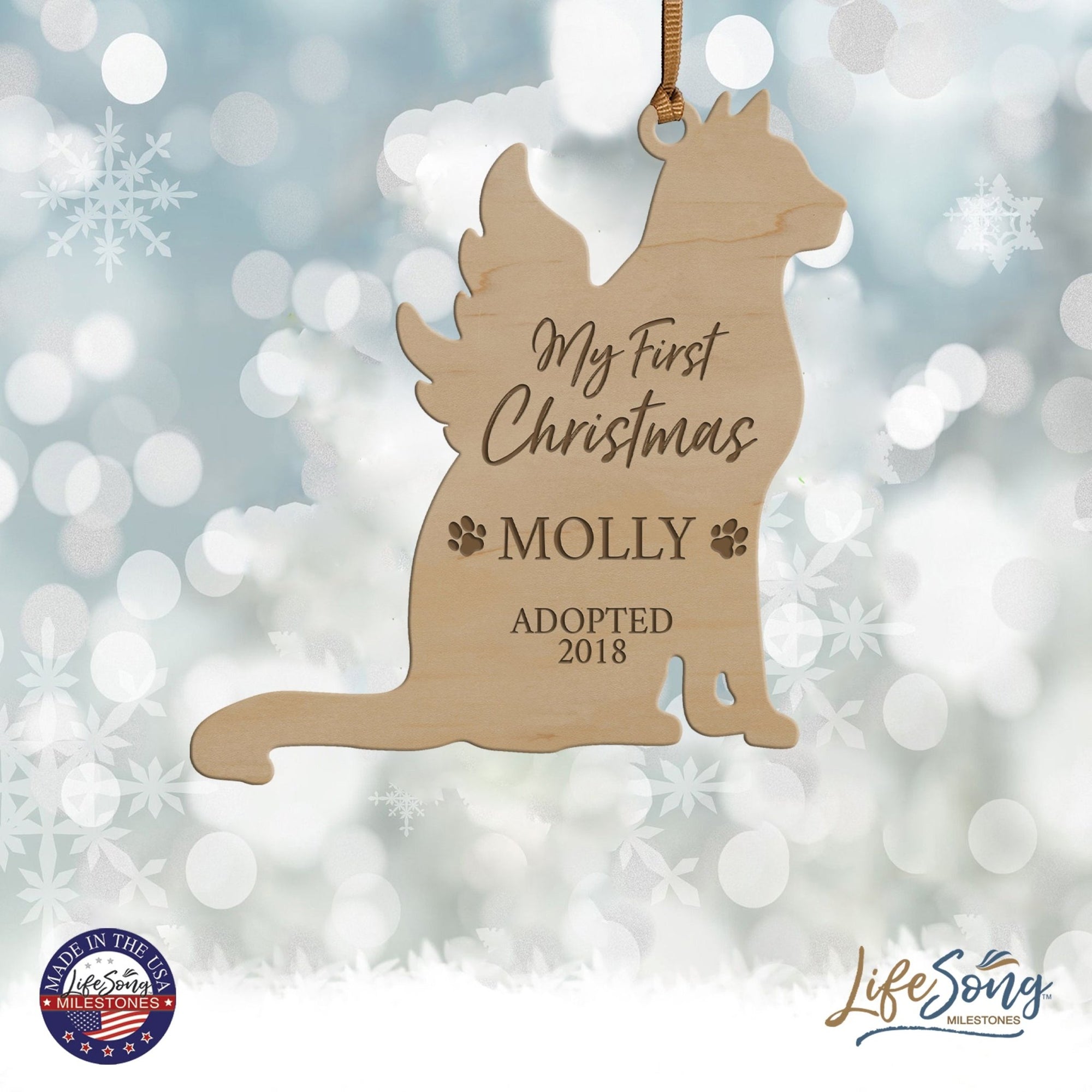 Personalized Engraved Christmas Cat Ornament 4.9375” x 5.375” x 0.125” - My first Christmas (PAWS) - LifeSong Milestones