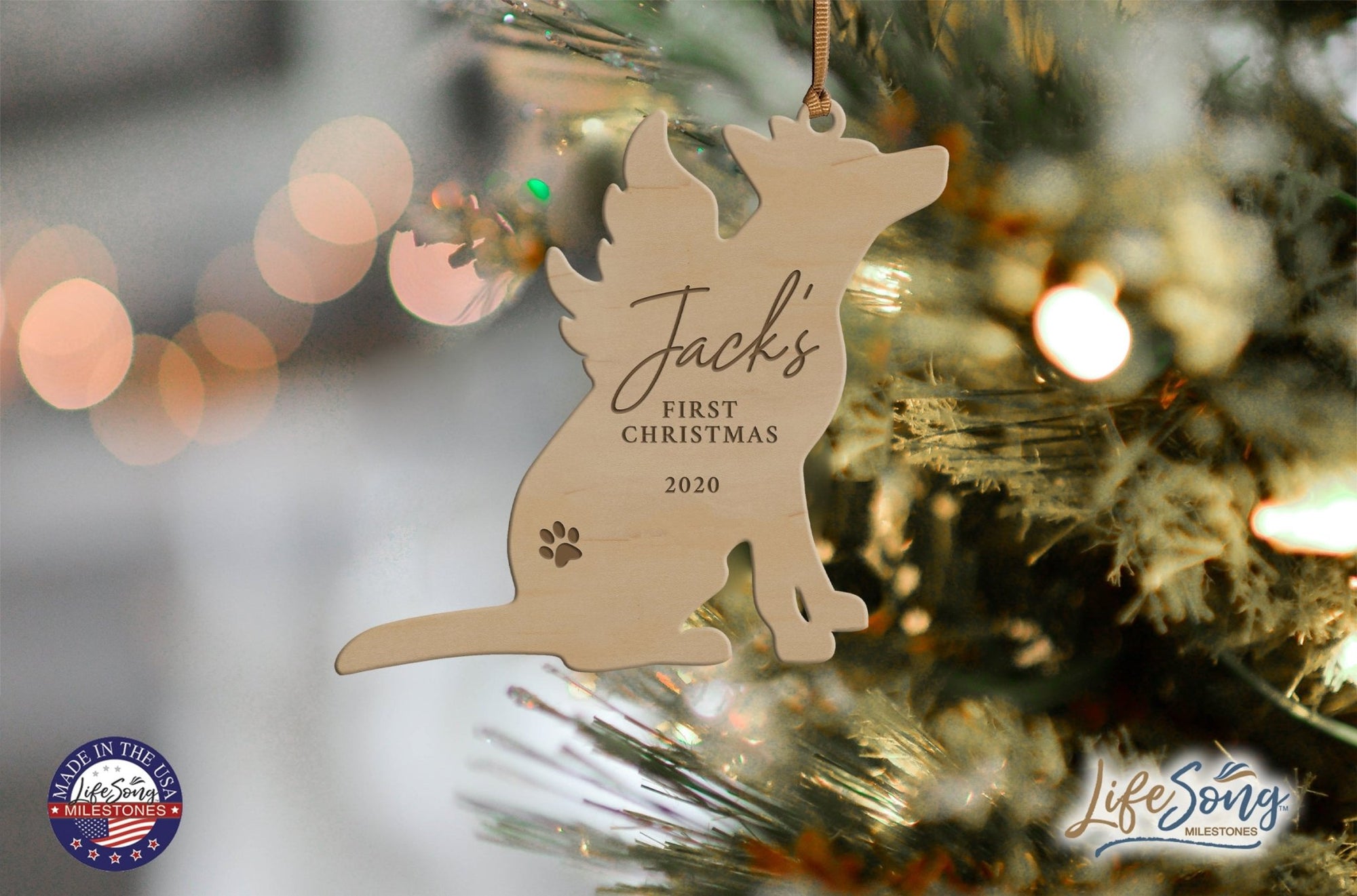 Personalized Engraved Christmas Dog Ornament 4.9375” x 5.375” x 0.125” - First Christmas (PAW) - LifeSong Milestones
